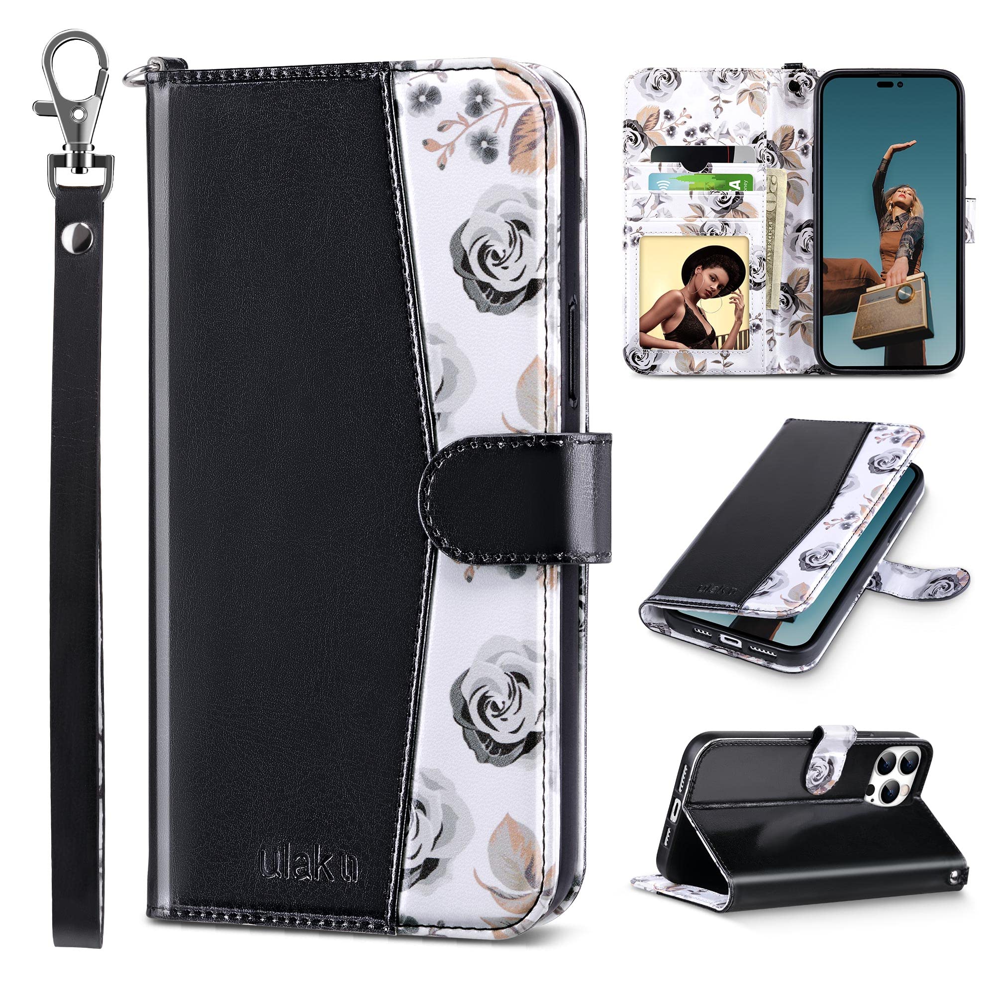 ULAK Compatible with iPhone 14 Pro Max Wallet Case for Women with Credit Card Holders, Designed Flip PU Leather Kickstand Shockproof Protective Cover