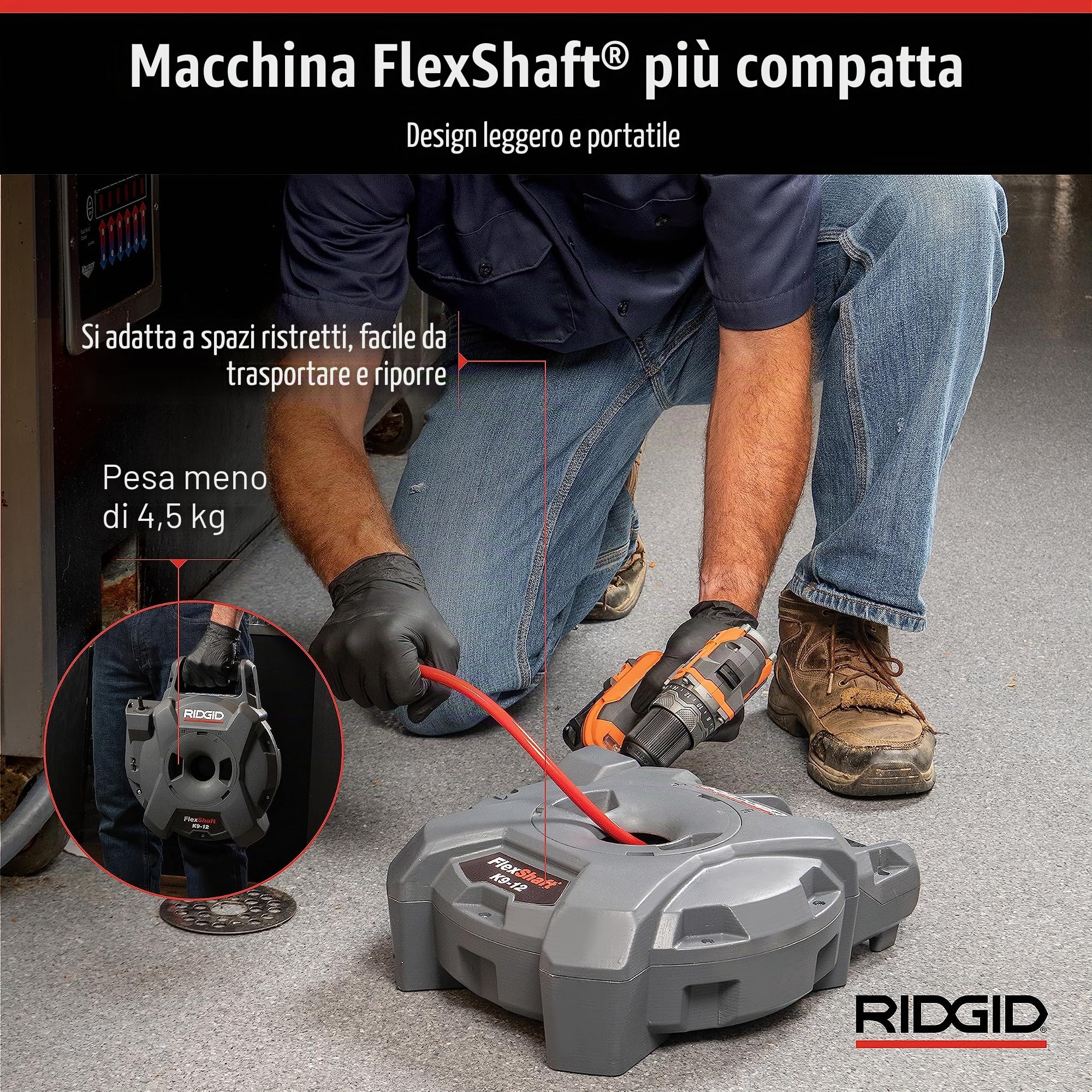 FlexShaft - Pulitore per scarico da parete a parete, 1/4" x 9 m, pulisce tubi da 1-1/4" a 2" fino a 2"