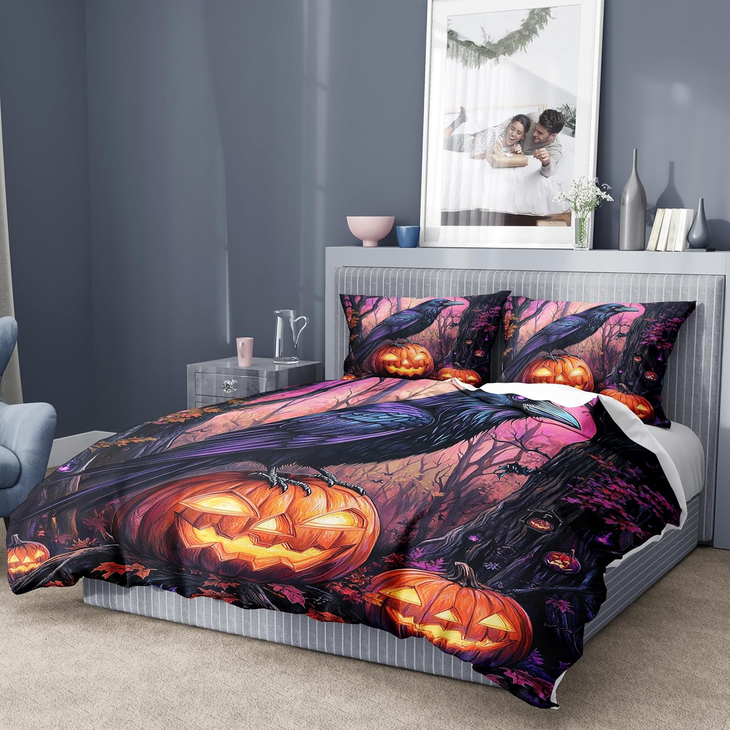 Reofrey 3-Piece Queen Comforter Cover Set with Halloween Crows Cartoon Patterns - Queen Size Microfiber Bedding Set Includes 90"x90" Duvet Cover and 2 Pillowcases, for Boys, Girls, Adult Room Decor