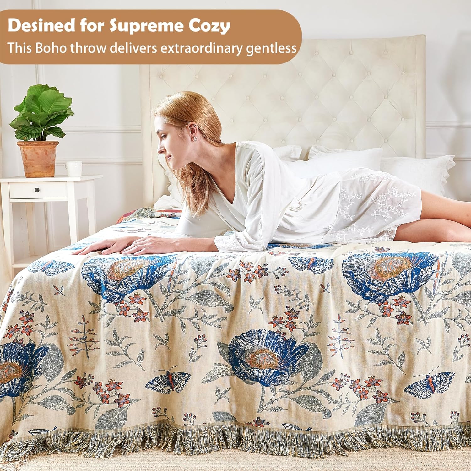 Boho Throw Blanket, 100% Organic Cotton Breathable Ultra Soft Bed Quilt Throw - All Season Floral Bird Butterfly Farmhouse Decor Blanket for Sofa Couch Chair and Gift. 60" x 80" - Image 4