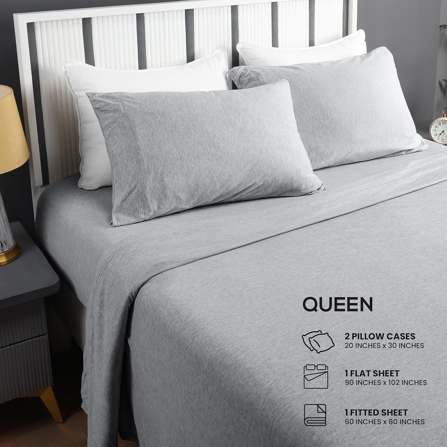 Utopia Bedding Queen Sheet Set - Jersey Knit Sheets 4 Piece – Cotton – Soft T-Shirt Stretchy Sheets (Heather Light Grey) - Image 2
