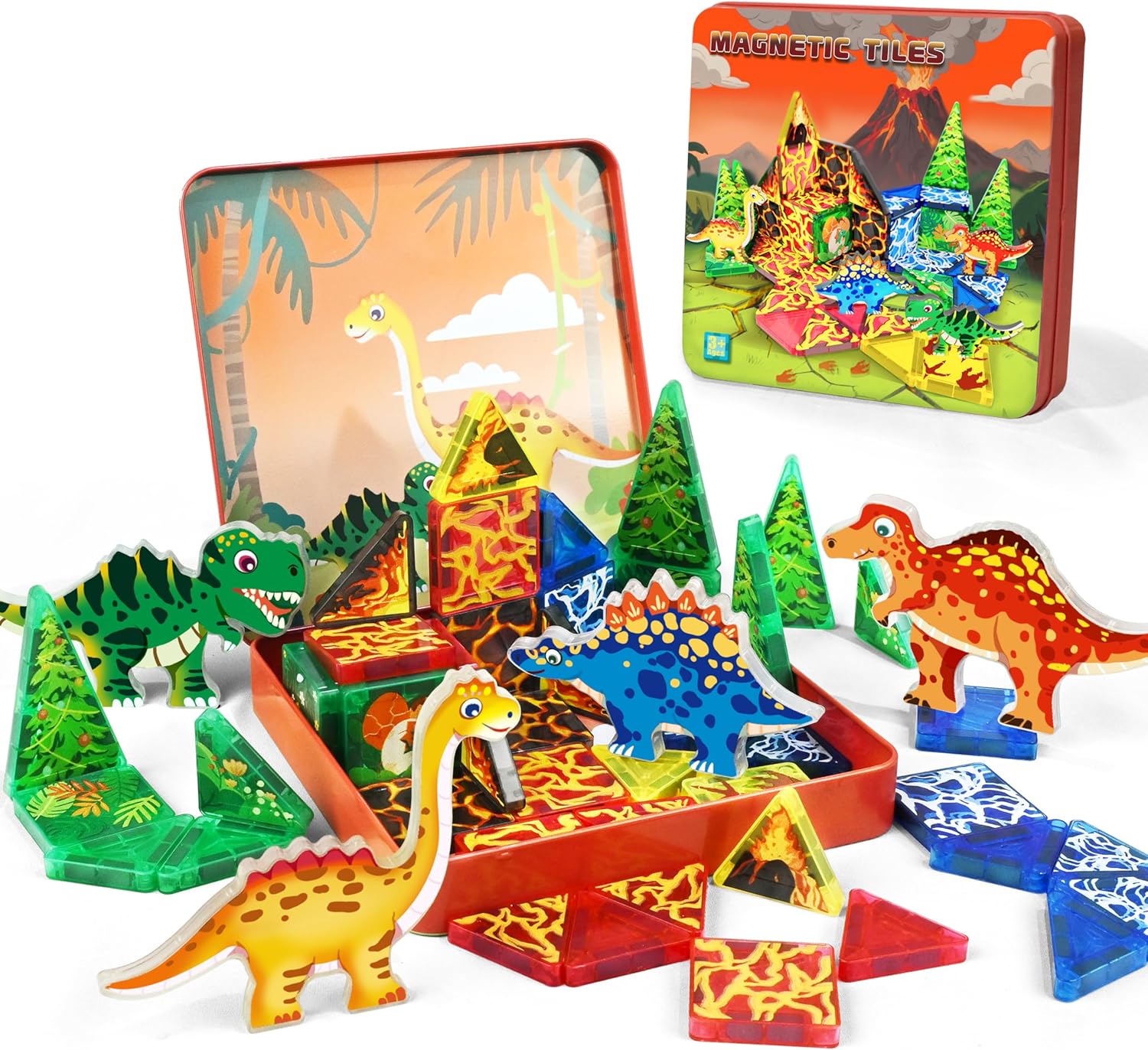 48pcs Mini Magnetic Tiles, Dinosaurs World Building Blocks Set in Iron Case, Portable STEM Travel Toys for Toddlers, Creative Dino World Construction Magnetic Toys for Kids