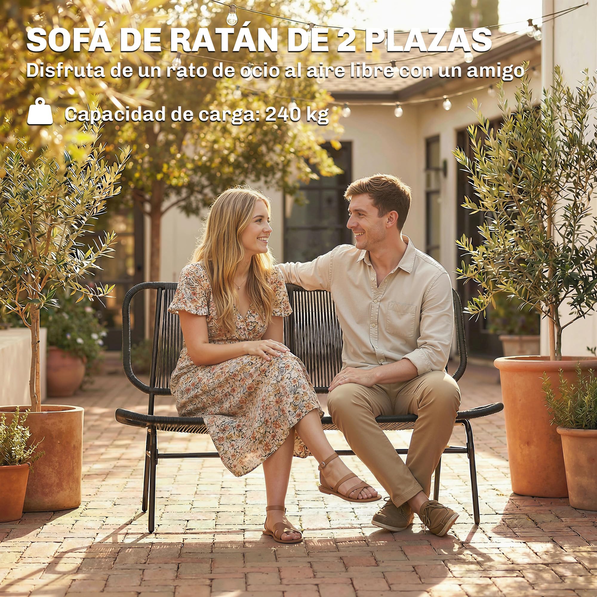 Outsunny Banco Exterior de Ratán de 2 Plazas de Jardín Ratán PE Negro | Respaldo Tejido Ratán PE, Estructura de Acero, Carga 240 kg, para Balcón Porche Patio