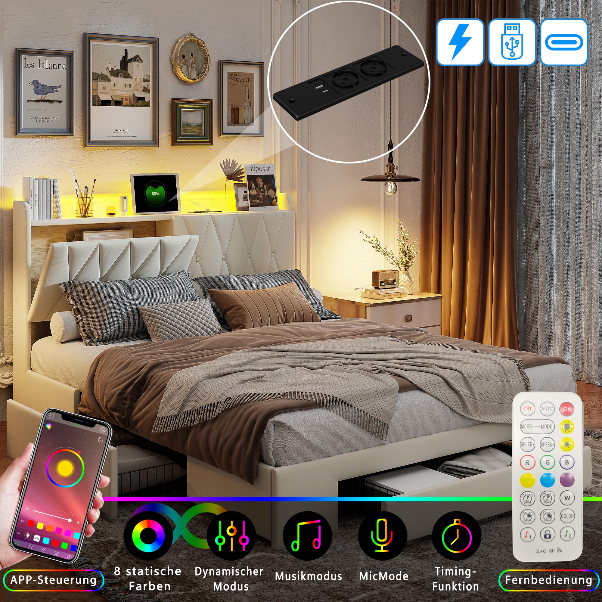 Lit Coffre 140x200 Cm, Lit Double Avec Tiroirs, Tête De Lit Avec Rangement, éclairage LED