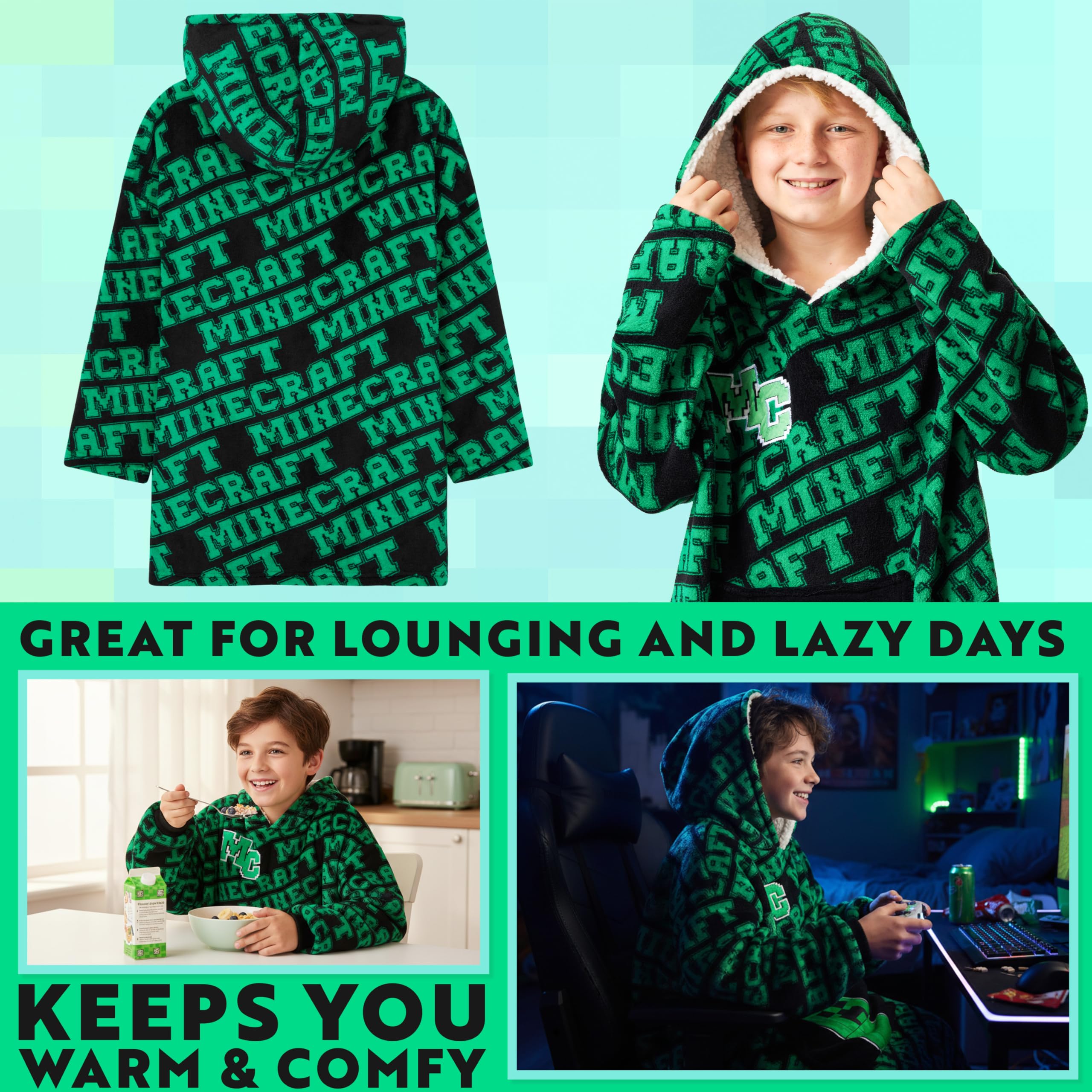 Minecraft Koc z kapturem, dla chłopców, nastolatków, Creeper, koc do noszenia, odzież wypoczynkowa, ponadwymiarowe ponczo polarowe, prezenty dla graczy dla chłopców, Zielony/Czarny, One Size