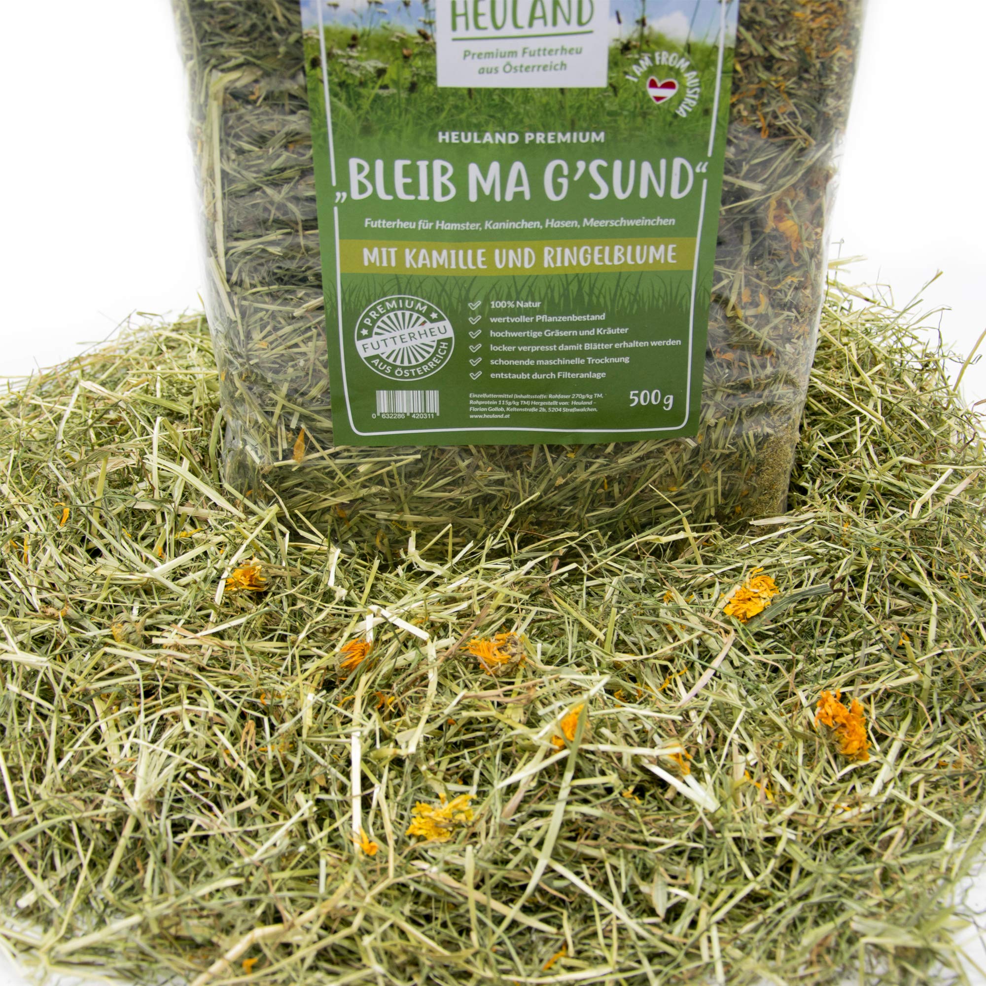 Premium Heu Bleib ma G´sund mit Kamille und Ringelblume (4X 500g) Frisches Bergwiesenheu für Kleintiere Kaninchen Hamster Streu Meerschweinchen Futter Nager Zwergkaninchen Hasen 2 Kilo