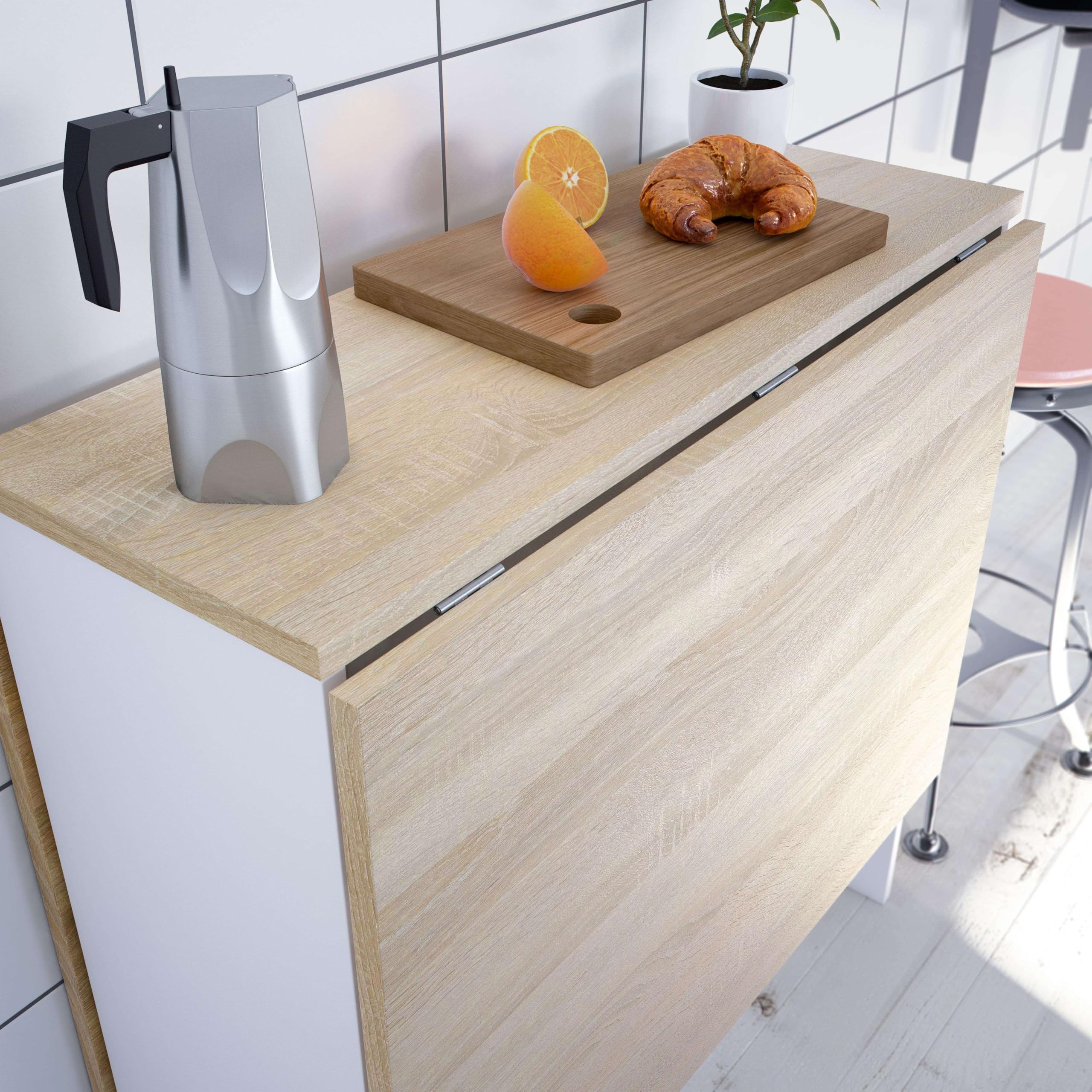 Habitdesign Mesa Auxiliar con Alas Abatibles, Mesa Cocina, Color Blanco Artik y Roble Canadian, Medidas: 77 cm (Largo) x 31-140 cm (Ancho) x 79 cm (Alto), Modelo Fly