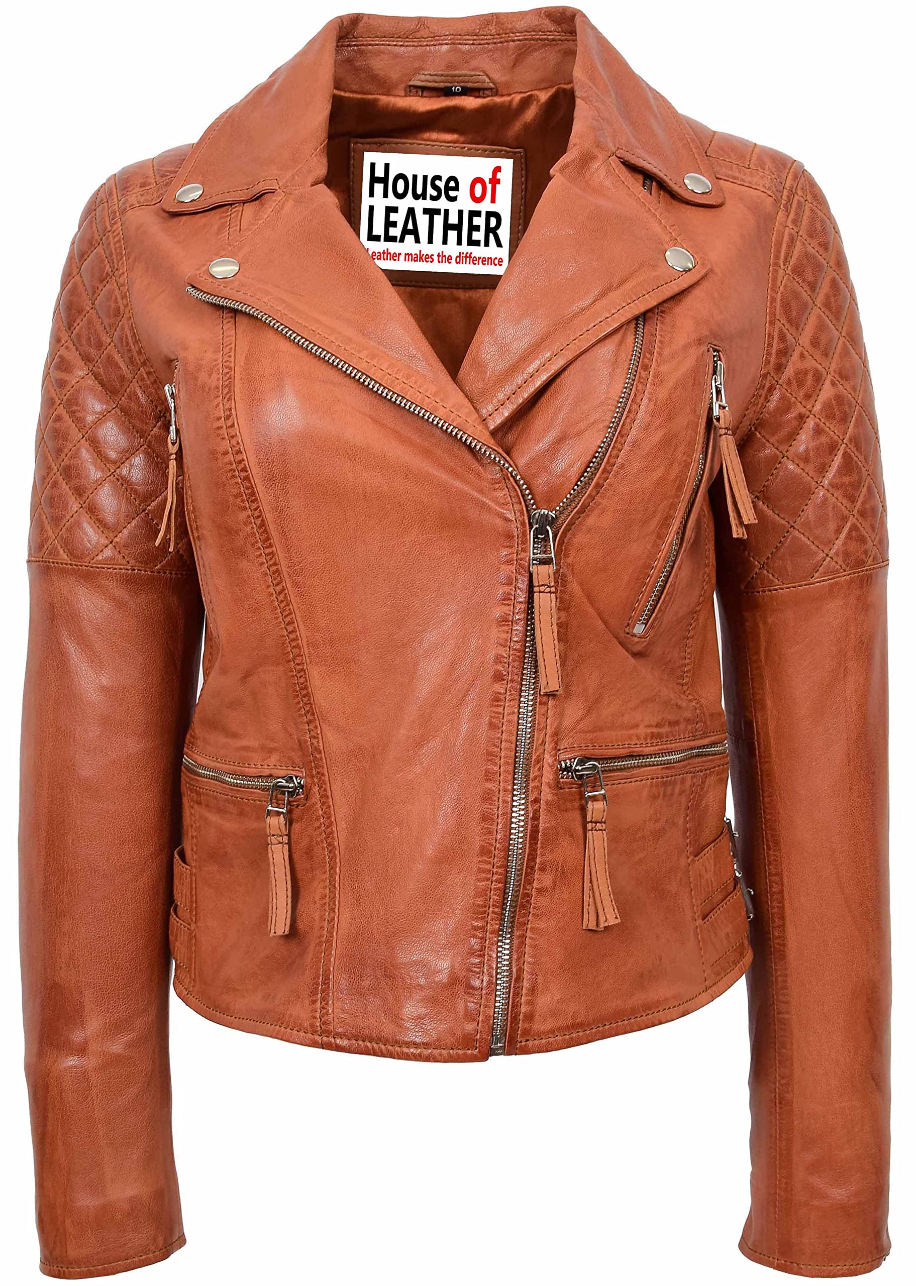 House Of Leather Women's Cognac Real Leather Cross Zip Biker Style Jacket Claudia (18, )