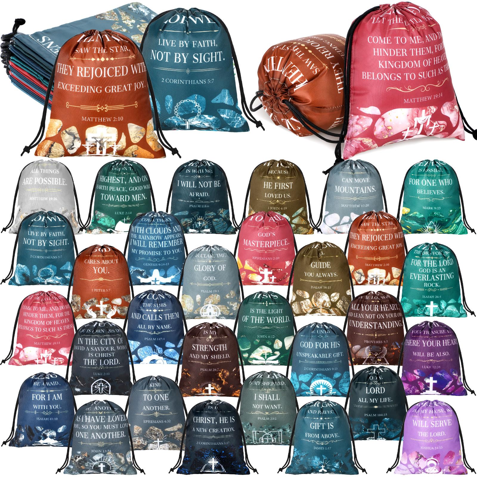 Hosuly 30 Pcs Christian Drawstring Bags Religious Bag with Drawstring Small Size Bible Verse Goodie Bag for Christian Gift