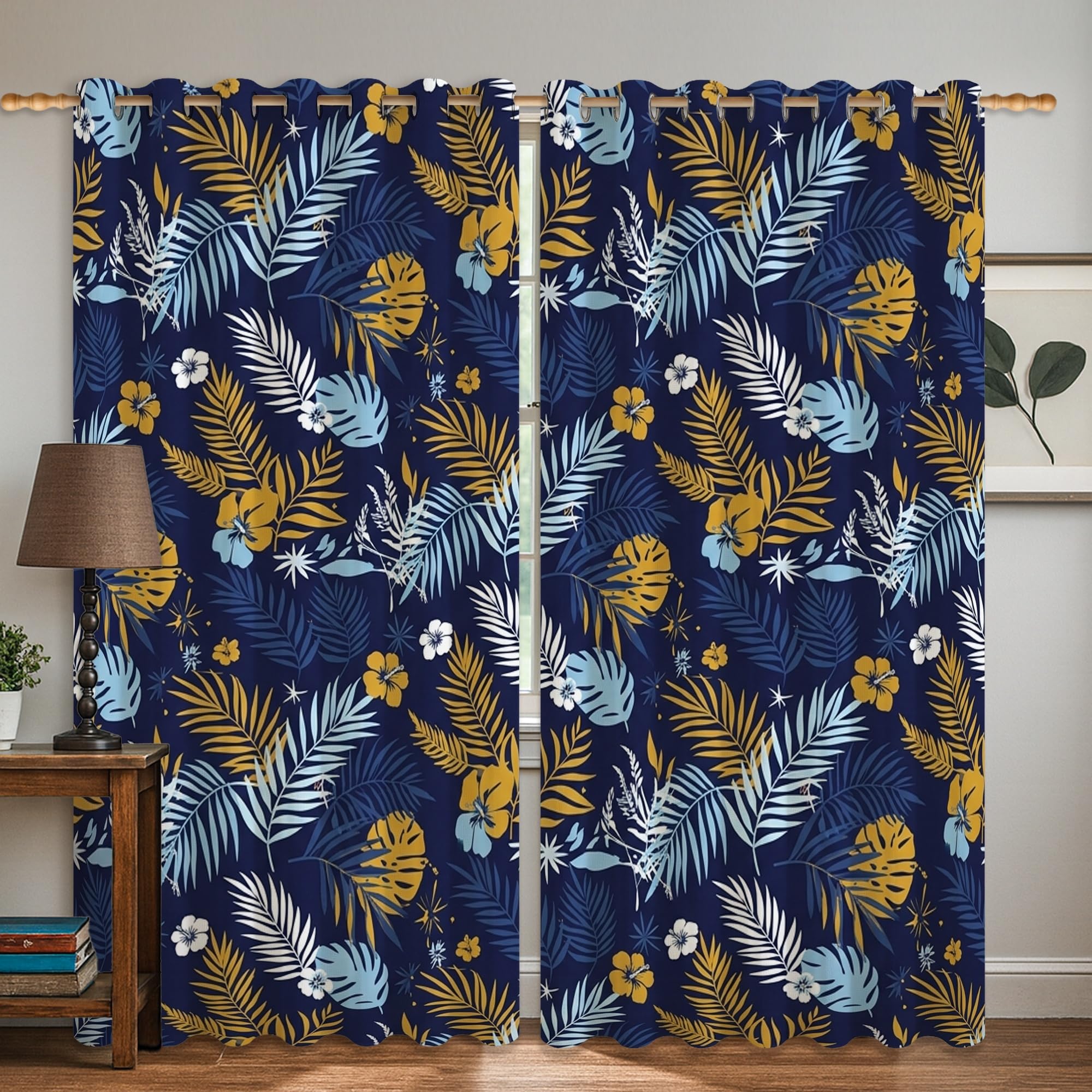 Rideaux occultants bleu marine 132x183 cm à motif fleurs tropicales d'été pour chambre d'enfant