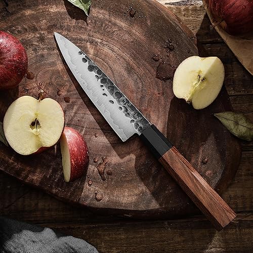 Miniatura 6 de Sunnecko Cuchillo de cocina afilado, cuchillo de pelar de acero al carbono de 5.5 pulgadas, cuchillo de frutas de 3 capas, 9CR18MOV, caja de regalo