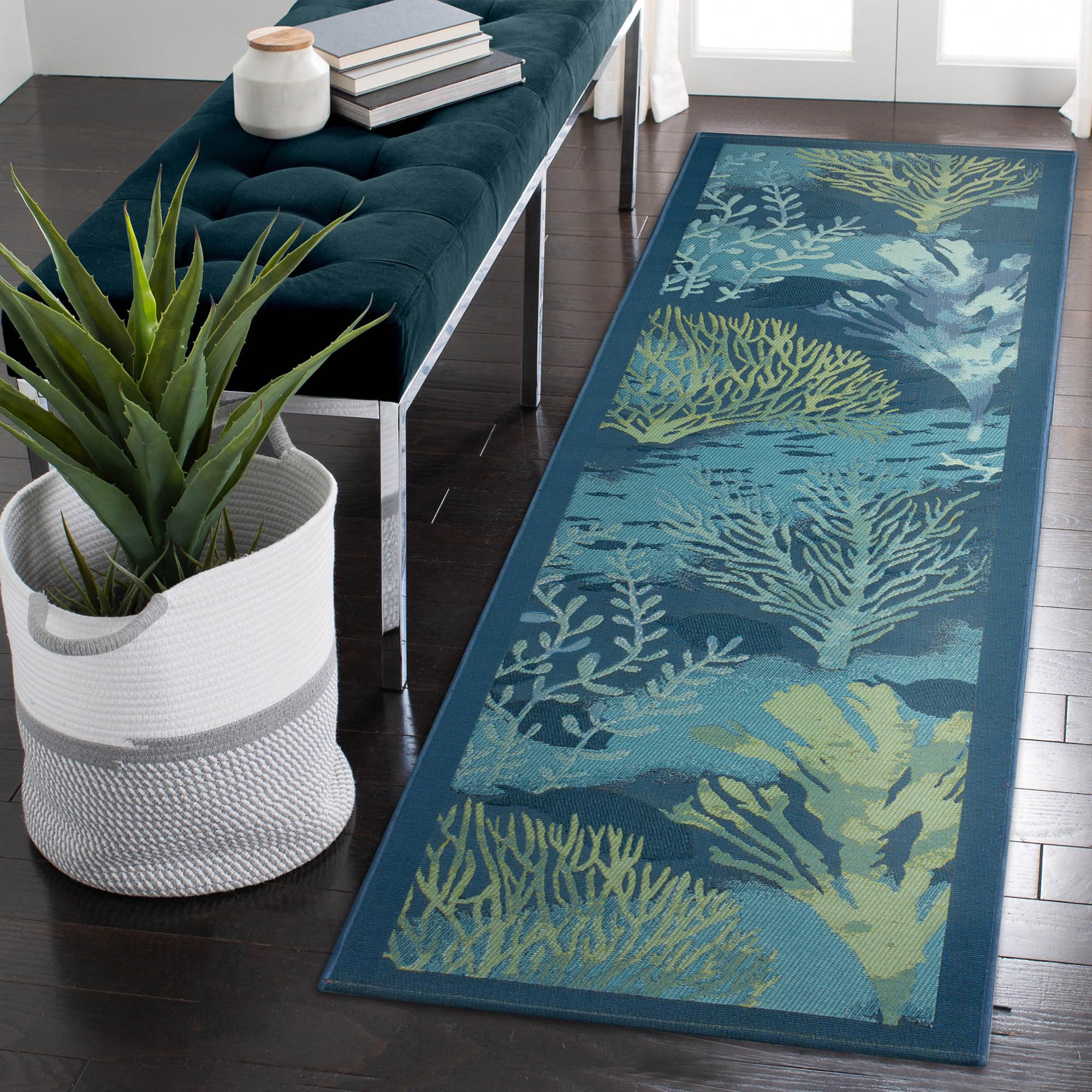 Liora Manne Marina Indoor/Outdoor Power Loomed Synthetic Blend Low Profile Area Rug - Transitional Border Botanical Beach Colorful (Coral Garden Lapis