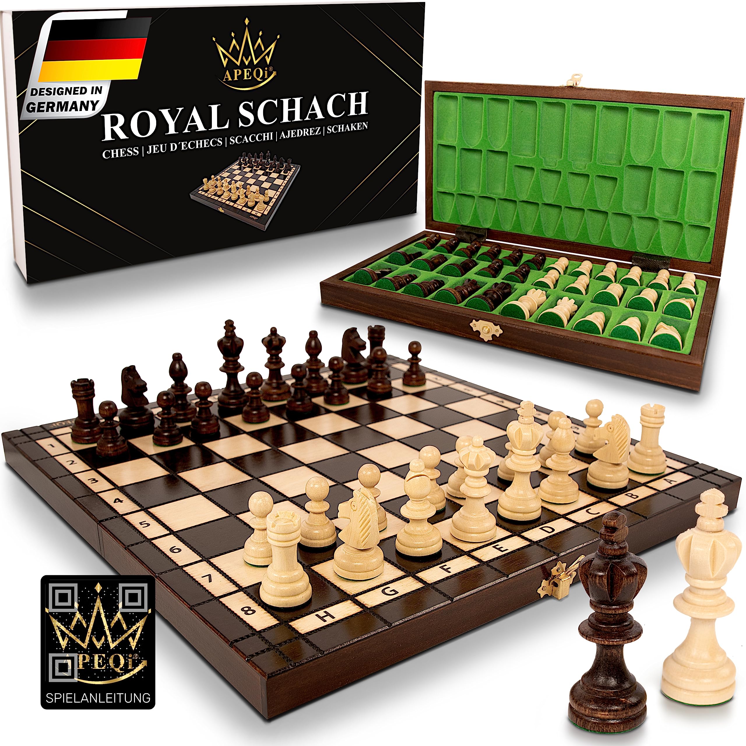 APEQi® ROYAL Schach - Schachspiel Holz HOCHWERTIG - Massivholz, 34,5x34,5cm, ab 14 Jahren, Geschenkidee - edles Schachbrett Holz hochwertig - klappbare Schachkassette mit Schachfiguren aus EU