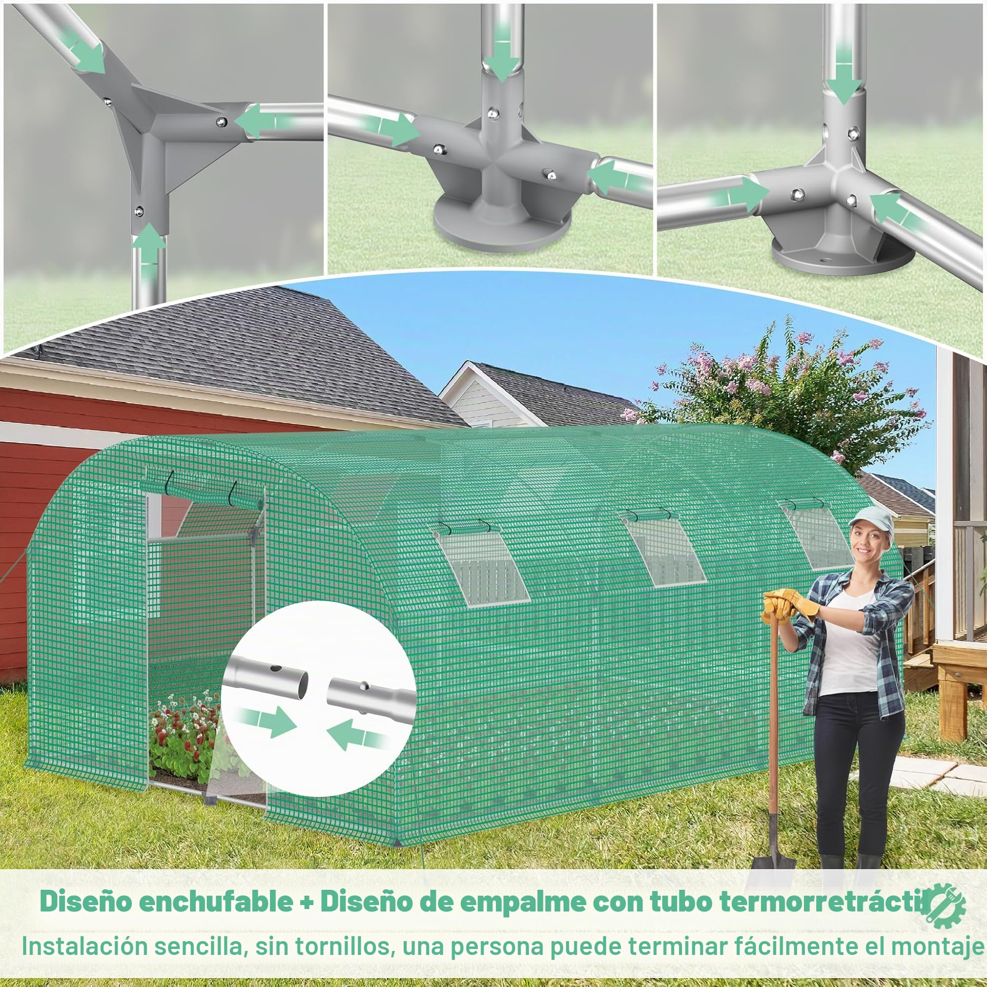 Aufun – Invernadero de polietileno estable 3x8x2 m con 8 ventanas con mosquitero y puerta | Túnel de jardín con estructura de acero galvanizado | Invernadero para tomates, tienda de polietileno