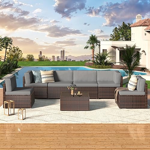 U-MAX 7 Piece Outdoor Patio Furniture Set, PE Rattan Outdoor Brown Wicker Furniture, Outdoor Sectional Furniture Chair Set with Cushions and Tea Table, Brown Rattan and Dark Grey Cushion