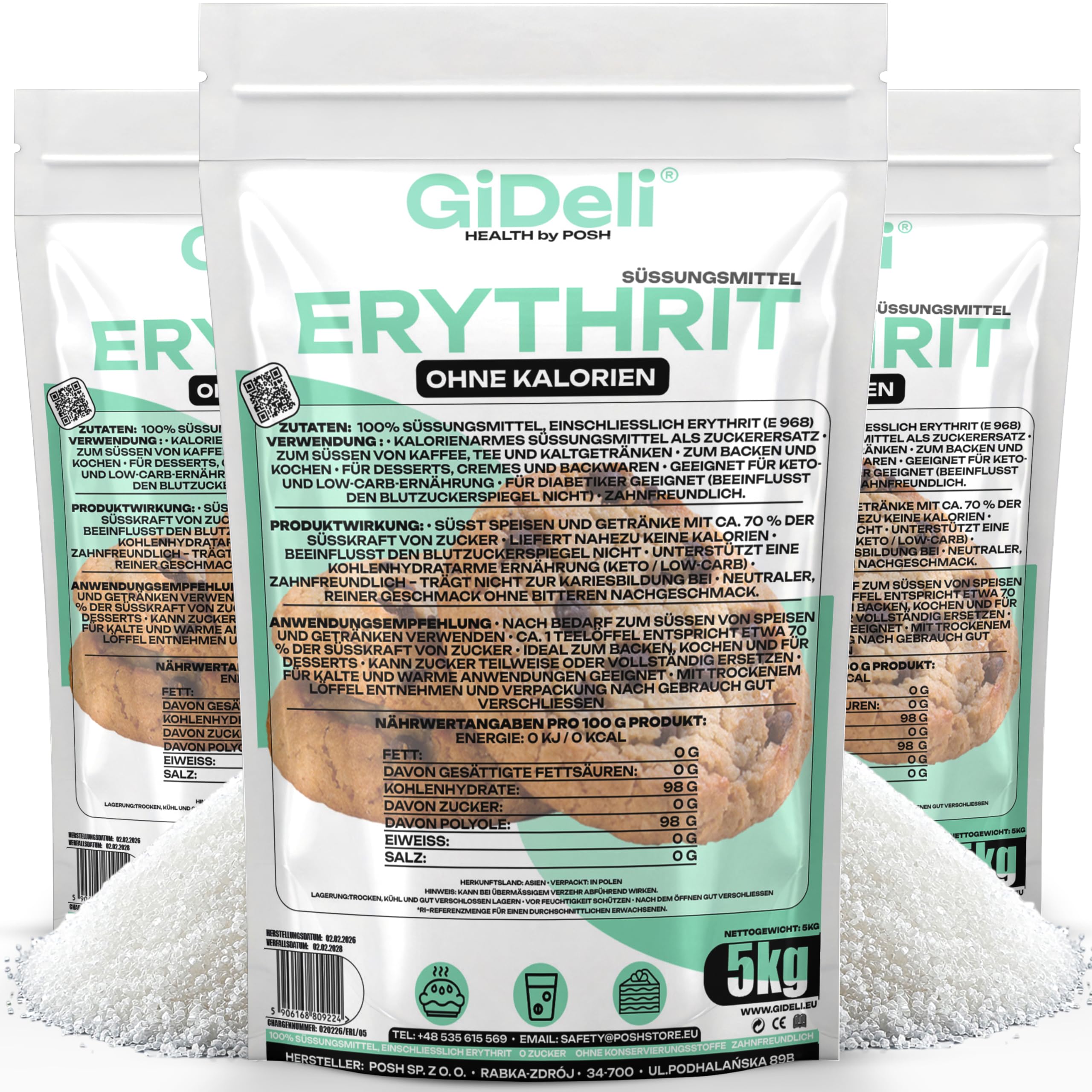 GiDeli Erythrit 15 kg Kalorienfreier Kristallzucker Lebensmittel Ersatz als Vegane & Zahnfreundliche Zucker Alternative