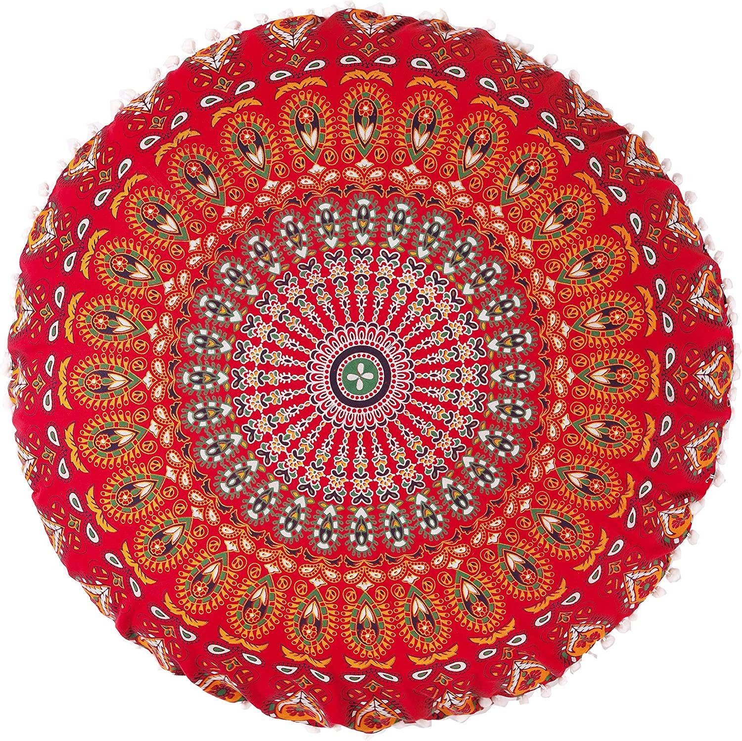 ART WORLD Round Pouf Cover Cushion Cotton with Pom Meditetion Seating for Living Dorm Room Color Size 22 inch Inches (Cover Only) (Red)-picture-21
