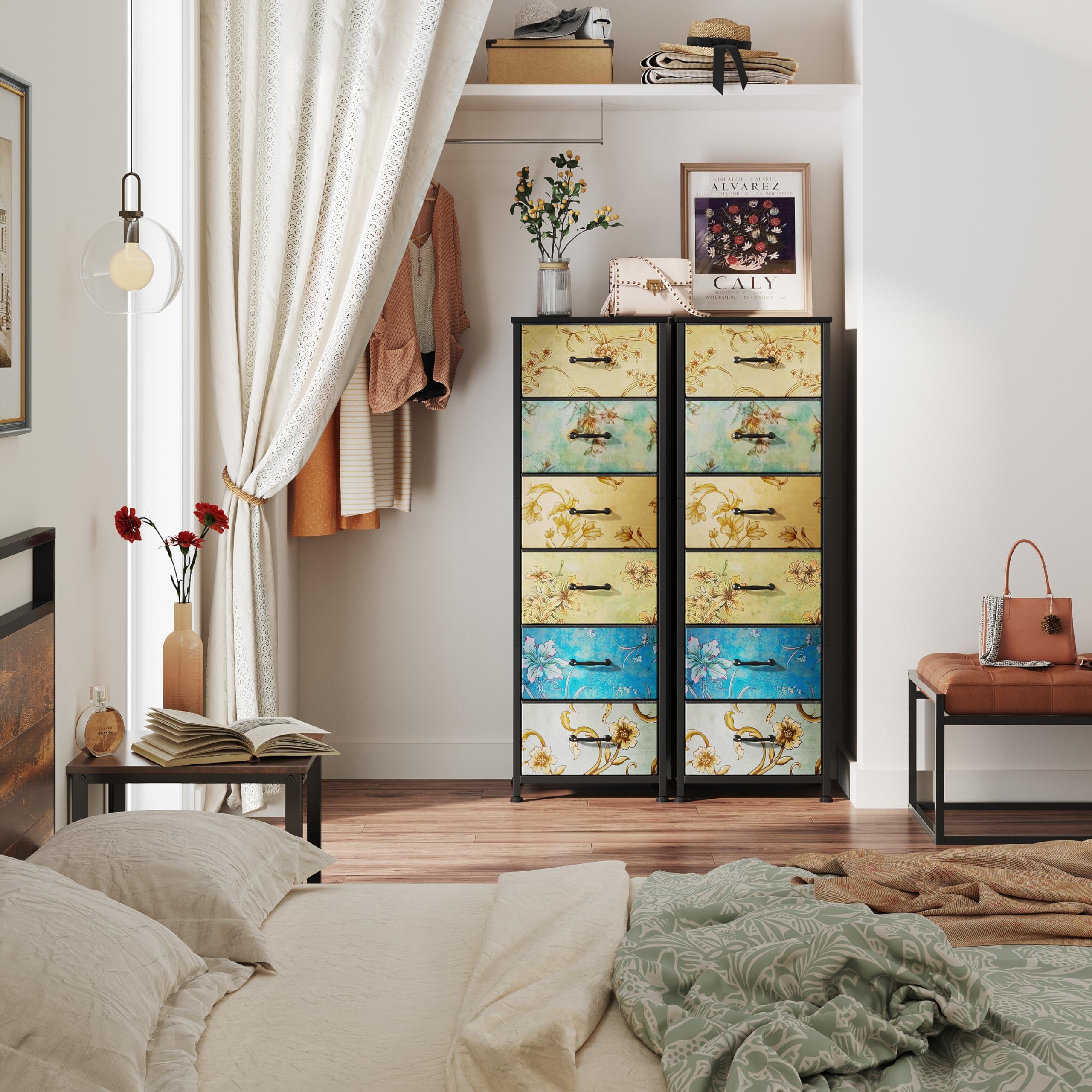 CAIYUN Commode avec 6 tiroirs en Tissu, Table de Chevet, Buffet avec tiroirs en Tissu, Meuble à tiroirs, Meuble de Rangement pour Cuisine, Bureau, Couloir, Style campagnard, 29Px40Lx116Hcm