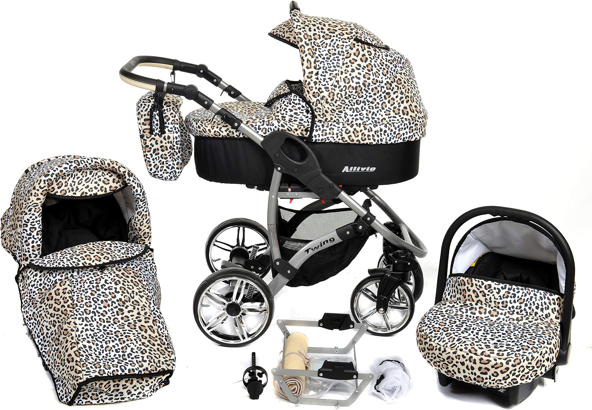 ALLIVIO, 3-in-1 Travel System with Baby Pram, Car Seat, Pushchair & Accessories (3in1 Travel System -Baby tub, Sport seat, Car seat, Black & Leopard)