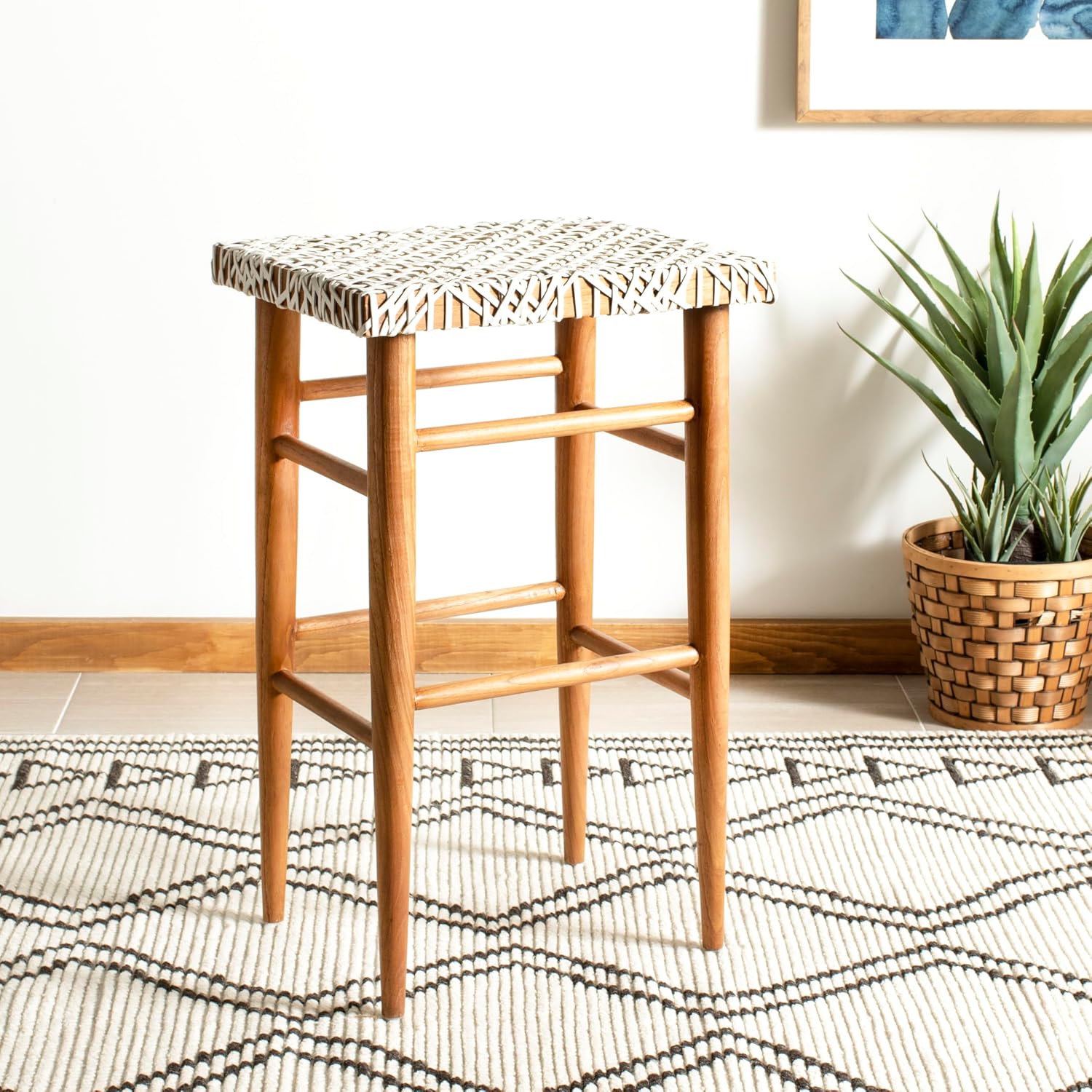 Safavieh Home Collection Kaleo White and Natural Woven 30-inch Leather Bar Stool