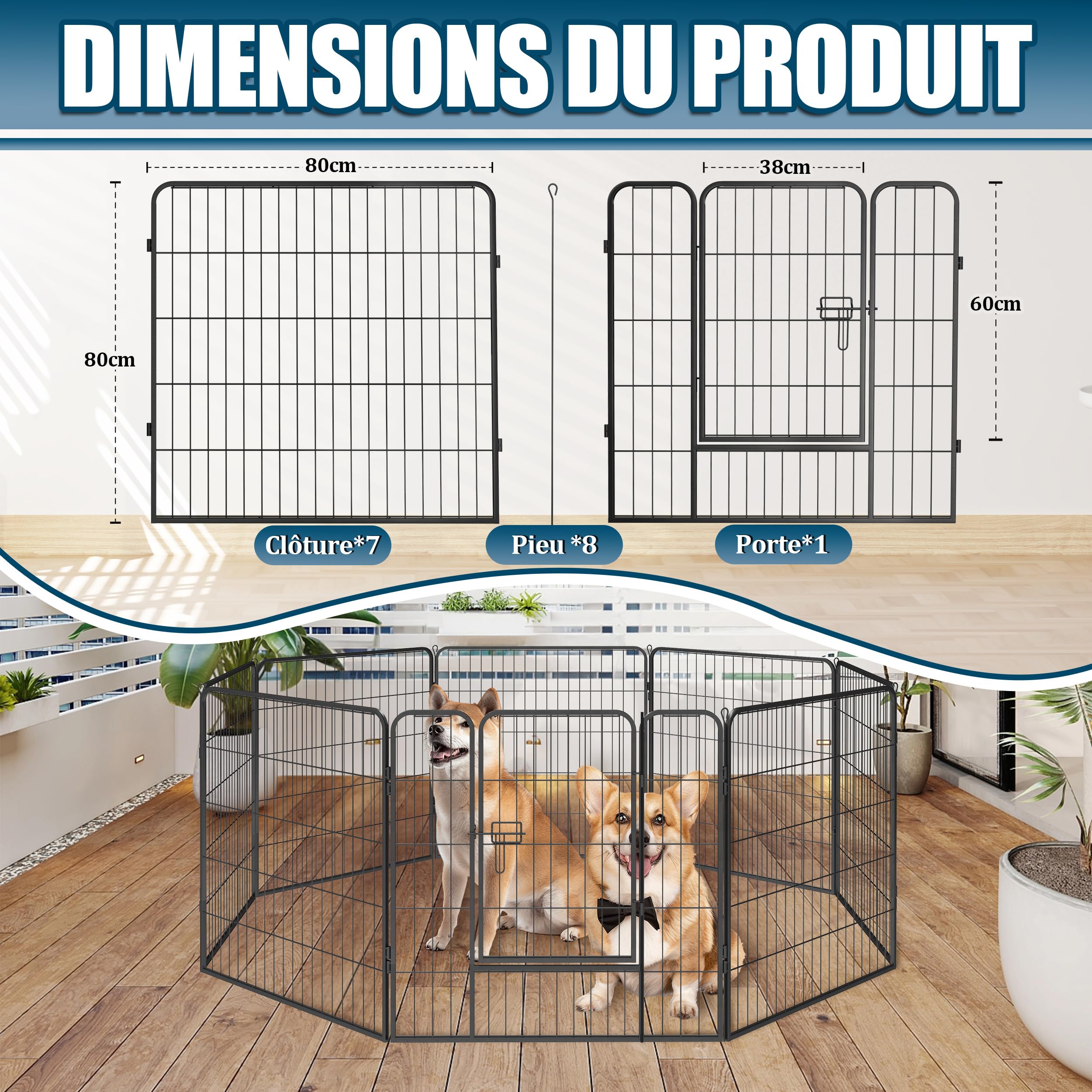 Enclos pour Chien Métal, Parc Chiot Intérieur & Extérieur 80x80cm | Clôture Modulable à 8 Panneaux avec Porte, Grillage Pliable, Barrière de Sécurité Extensible pour Petits Animaux Noir