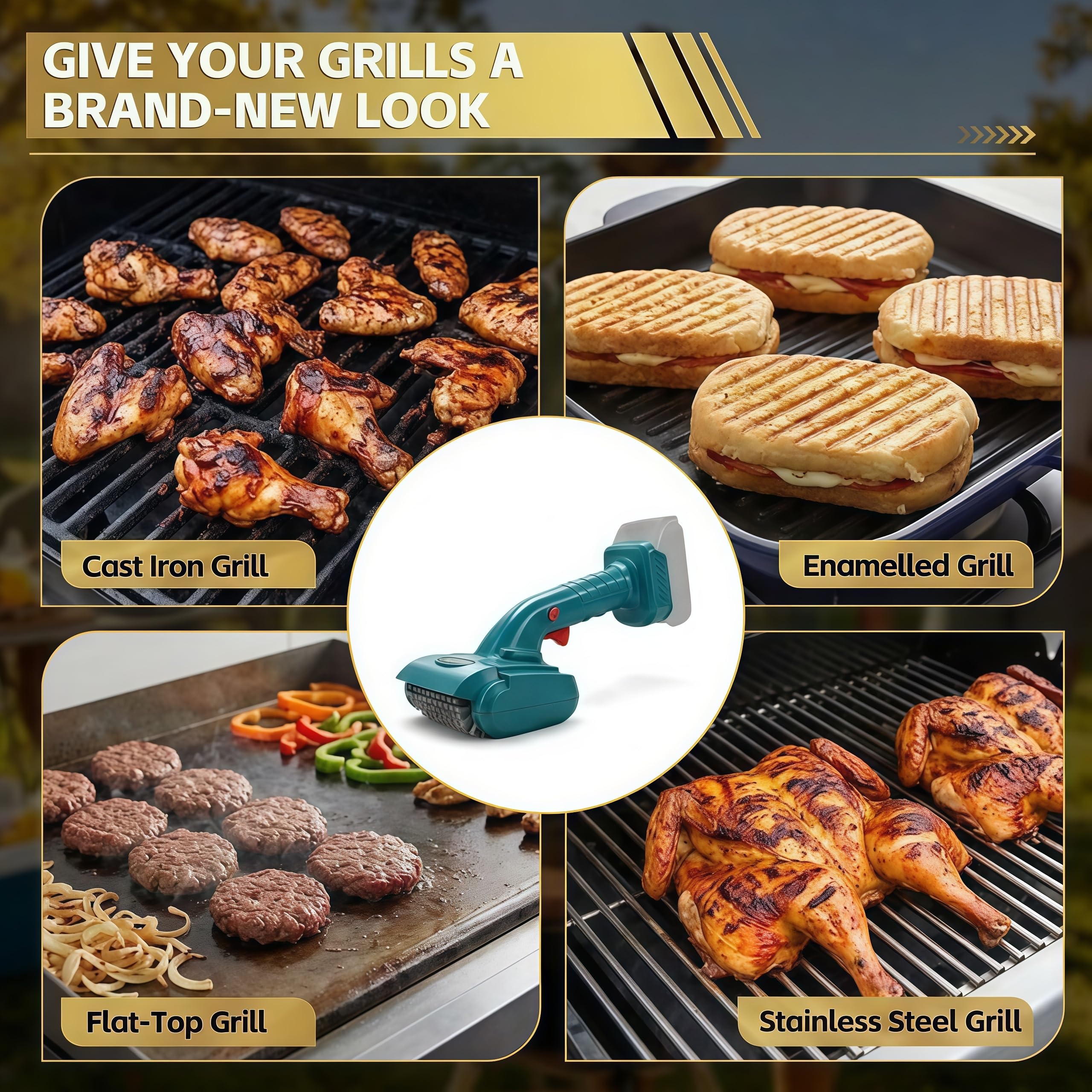 Elektrische Grillbürste Kompatibel mit Makita 18V Akku, Grillreinigungsbürste mit 360° drehbarem Edelstahl-Bürstenkopf & Nylon-Bürstenkopf, für Grillroste und Herdplatten (ohne Akku)