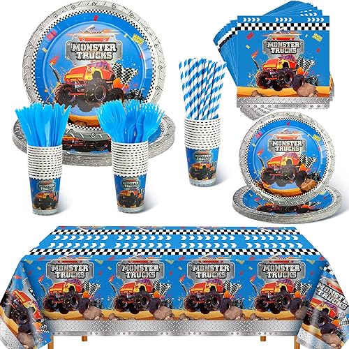 Miniatura 8 de Buryeah Juego de vajilla de 176 piezas de suministros para fiesta de camión, incluye mantel de camión, cubierta de mesas de fiesta, platos de papel,
