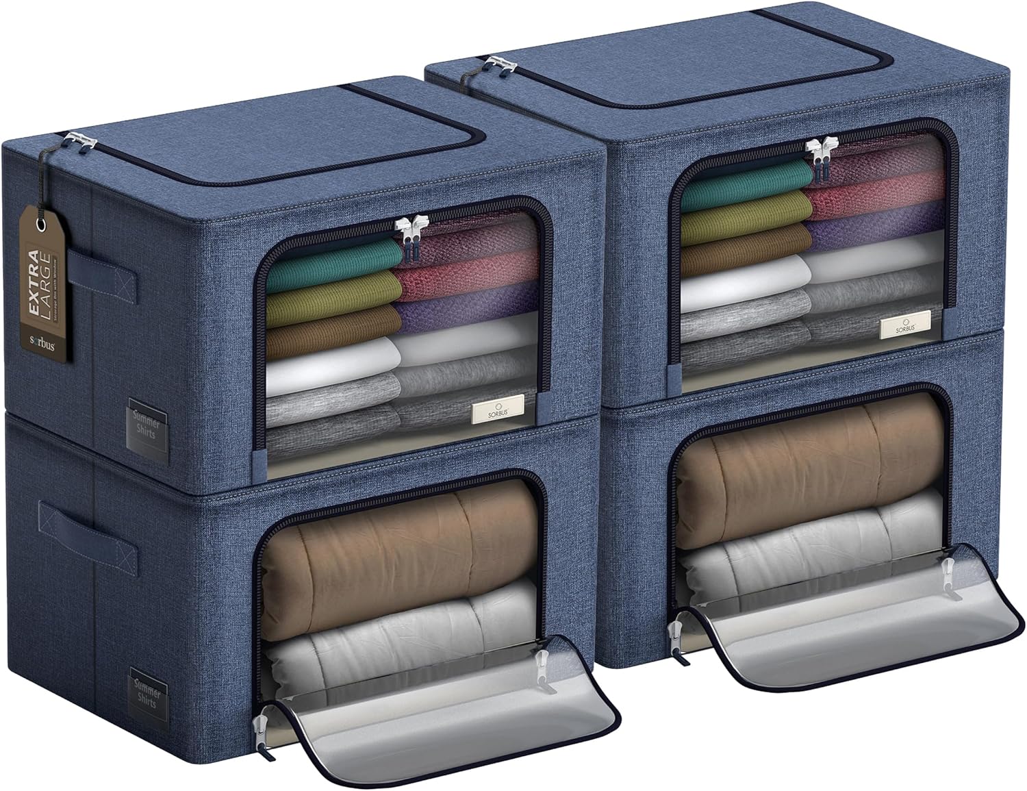 Sorbus Jumbo Storage Bins with Metal Frame - Oxford Fabric Storage Containers with Large Clear Window & Carry Handles - Stackable & Foldable Clothes Organizer Bags for Bedding Linen, Clothing & More