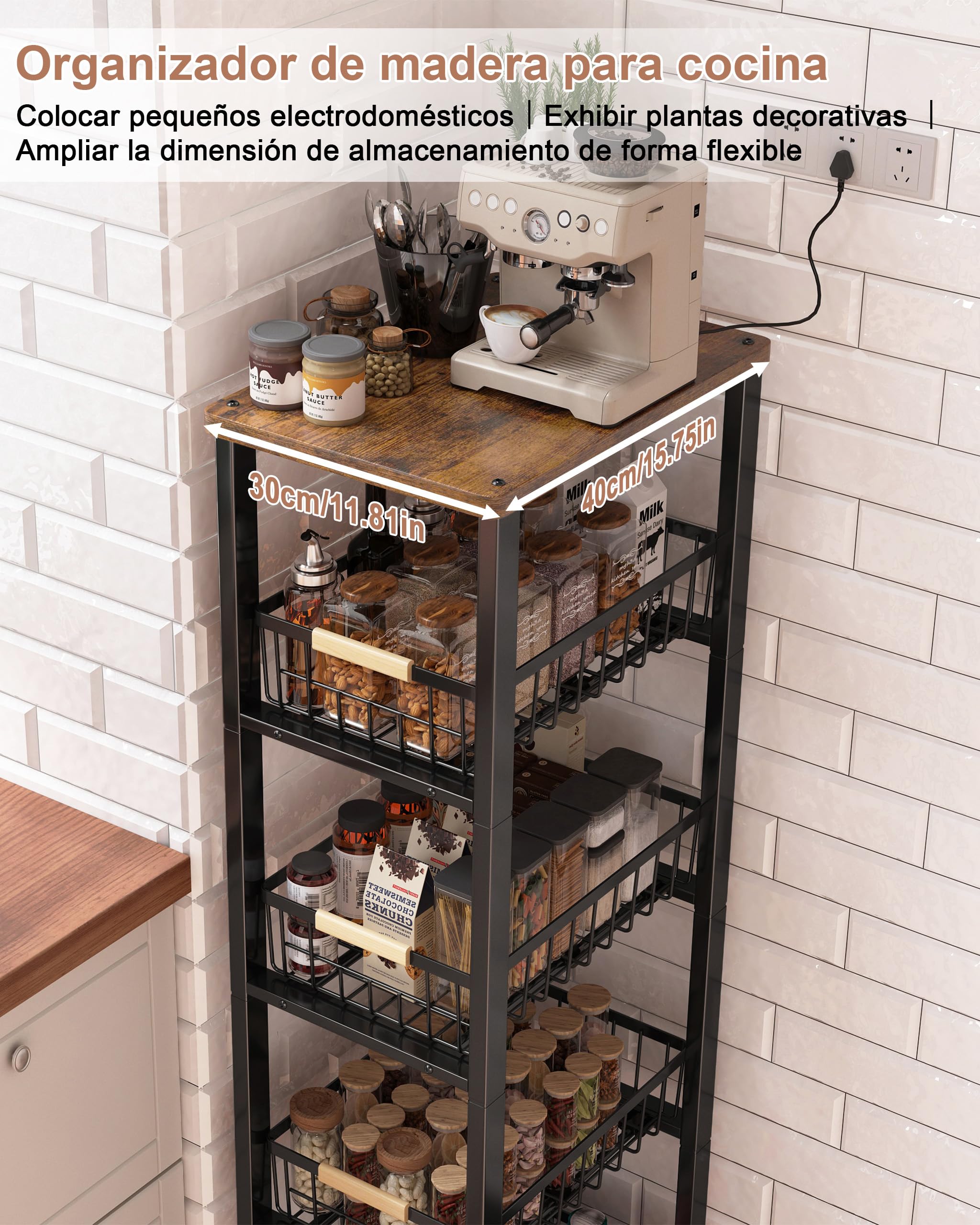 Verdulero Cocina con Ruedas,Carrito de Cocina con Ruedas 5 Niveles,Verdulero Cocina de Placa Superior, Negro