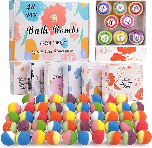 48 bombas de baño naturales y orgánicas para mujeres y niños, ricas en aceites esenciales, relajación y alivio del estrés, juego de regalo de bombas