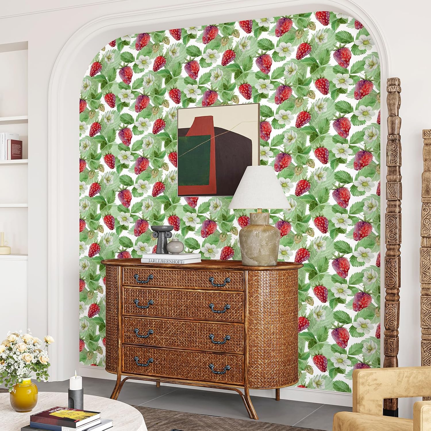 Strawberry Peel and Stick Wallpaper Boho Watercolor Fruit Wallpaper for Kitchen Cabinet Vinyl Wrap 15.7"x472" Removable Strawberry Contact Paper Floral Wall Mural Patterned Contact Paper