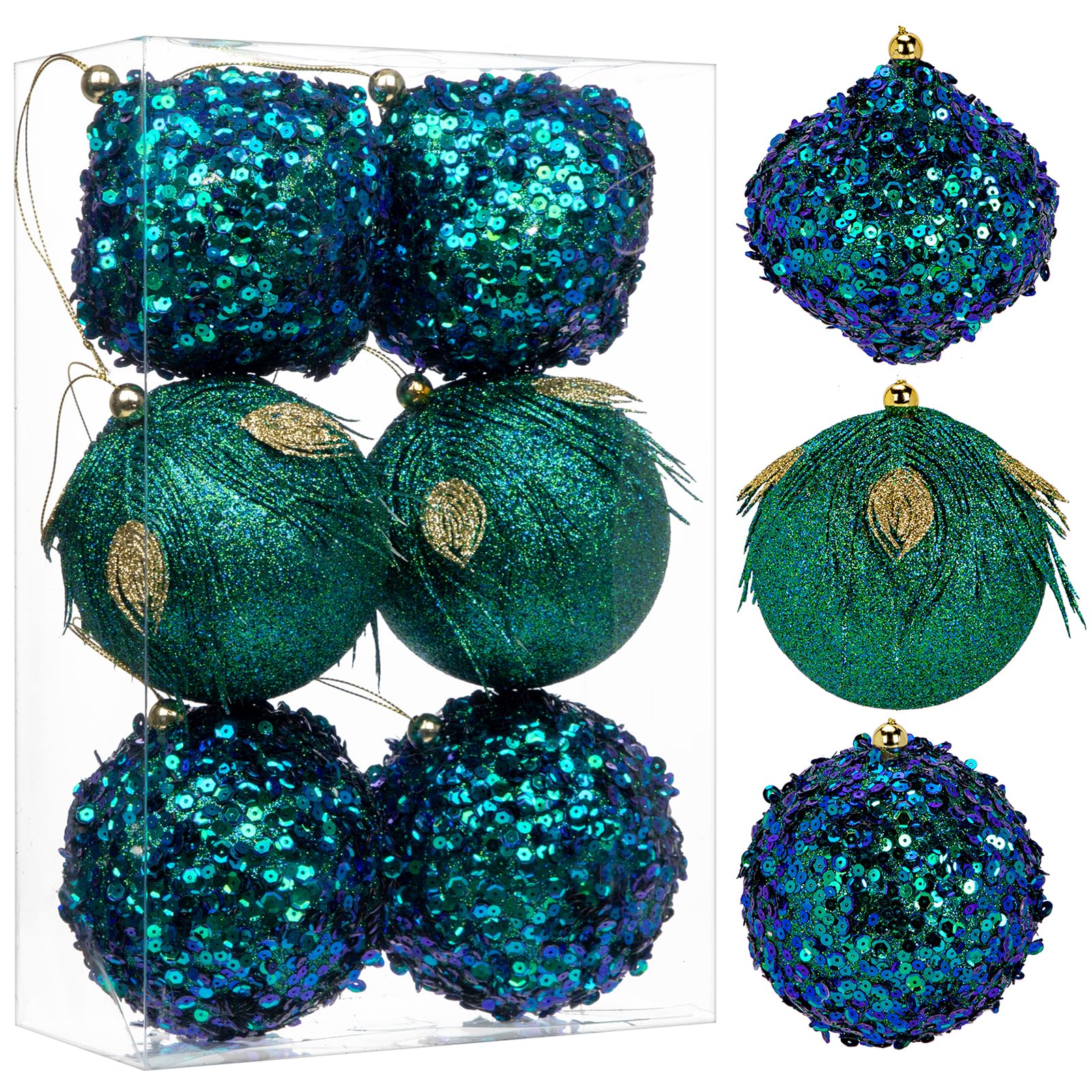 Oairse 10cm Large Christmas Baubles 6 Pcs Peacock Blue Bauble Ornaments