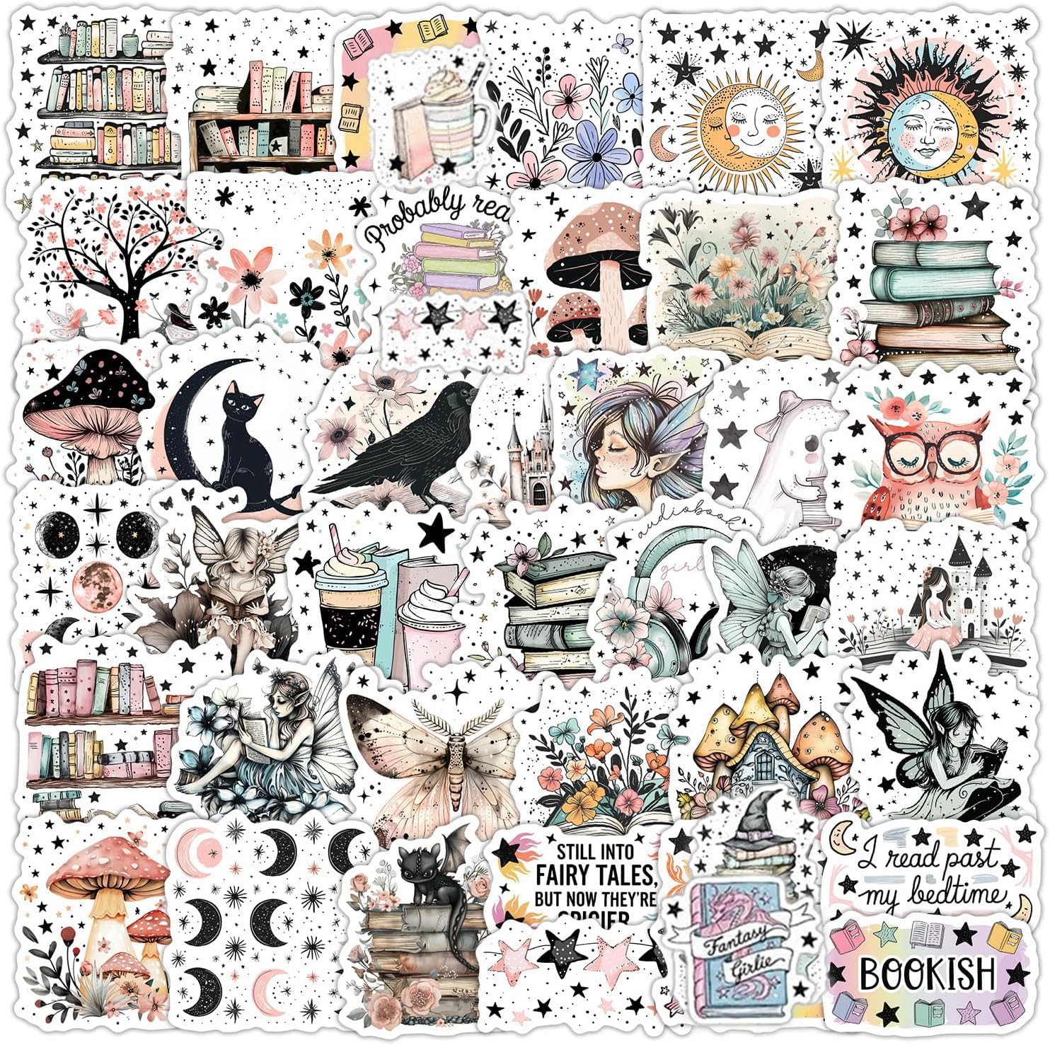 50 Pack Fantasy Book Stickers for Kindle, Laptop, Water Bottle - Waterproof Vinyl Booktok Stickers, Fairy & Bookish Decals for Journal, Skateboard, Luggage, MacBook, Teen Gifts