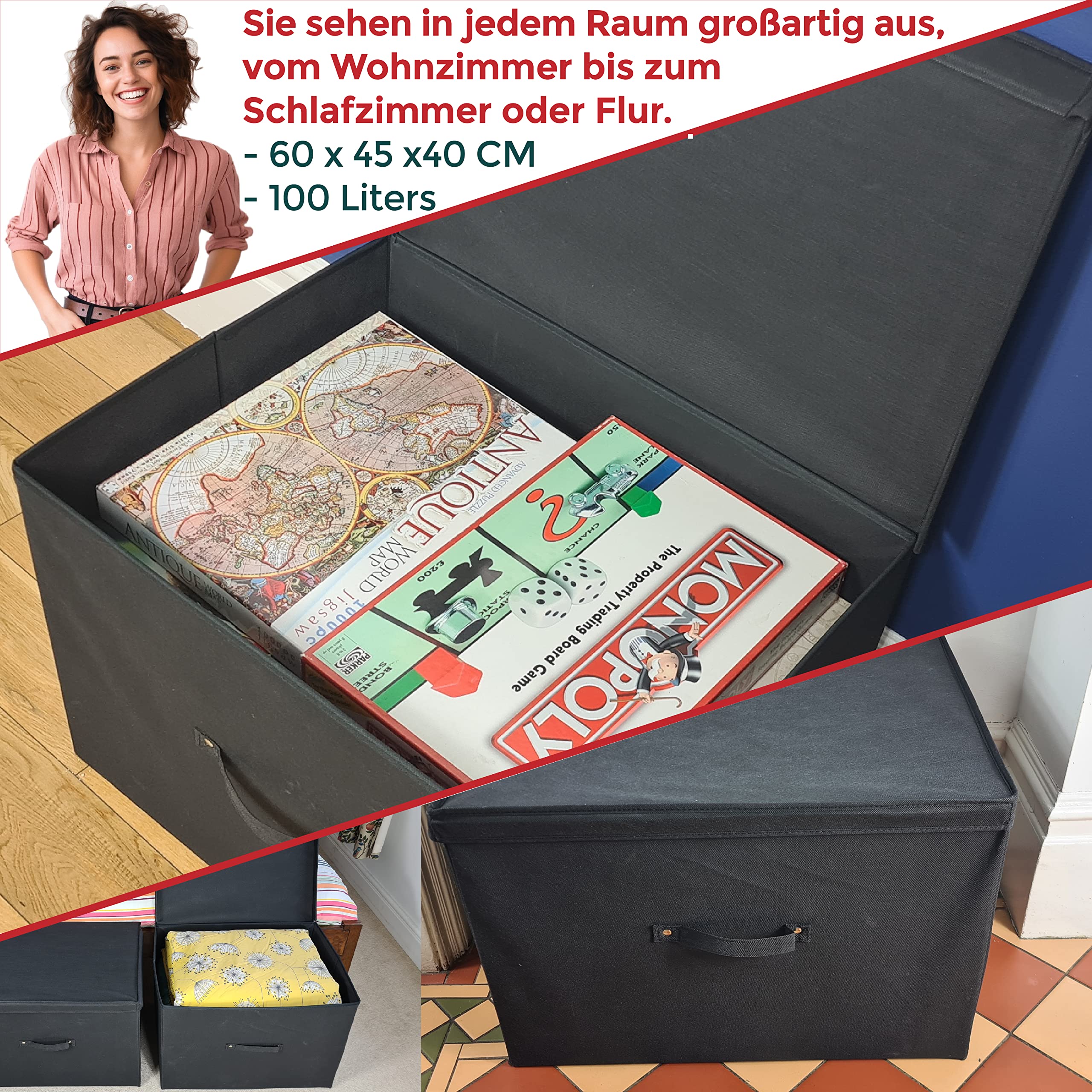 Neusu Aufbewahrungsbox mit Deckel - Schwarz, Stoff Bezogen - Stabile große 60x45x40 cm Klappbox - 100 Liter Super-Jumbo XXL Kiste/Ordnungsbox (100L)
