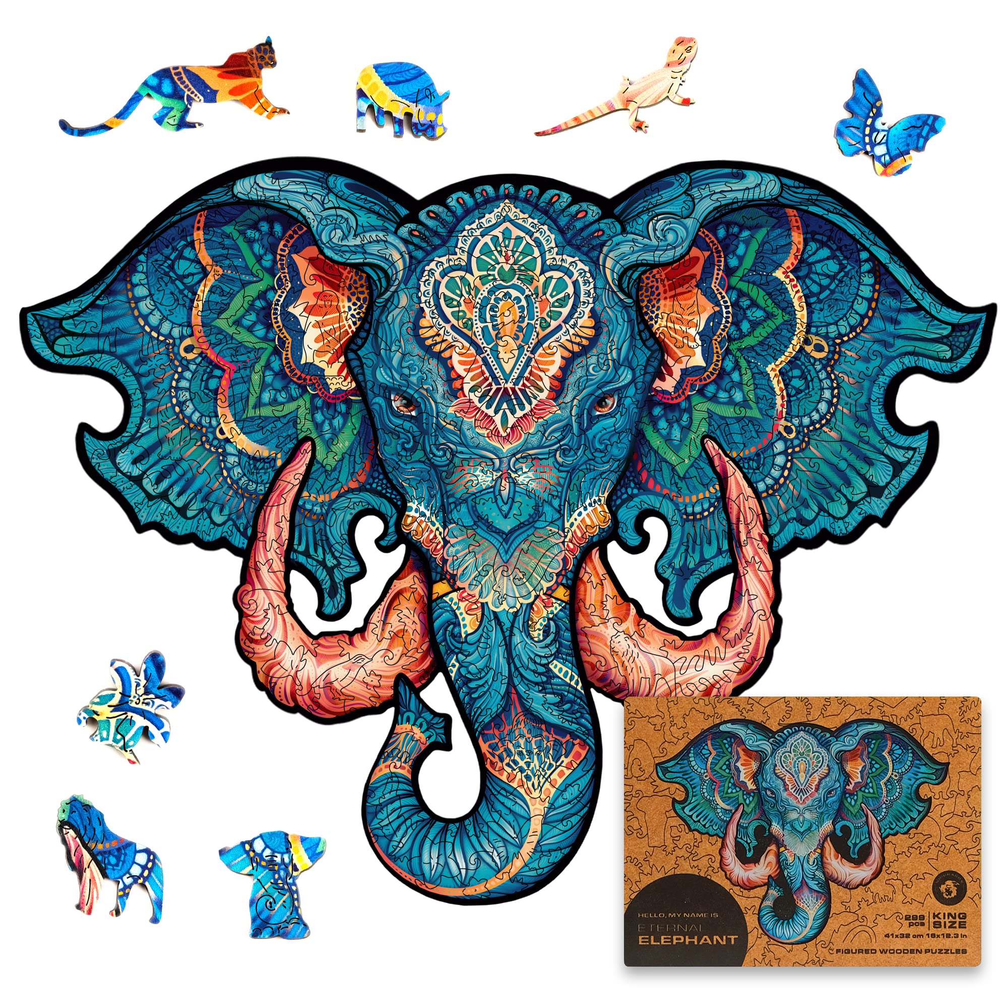 UNIDRAGON Original Wooden Puzzle – Eternal Elephant, 299 Pieces, Large Size 41 x 32 cm, Beautiful Gift Packaging, Unique Shape Best Gift for Adults