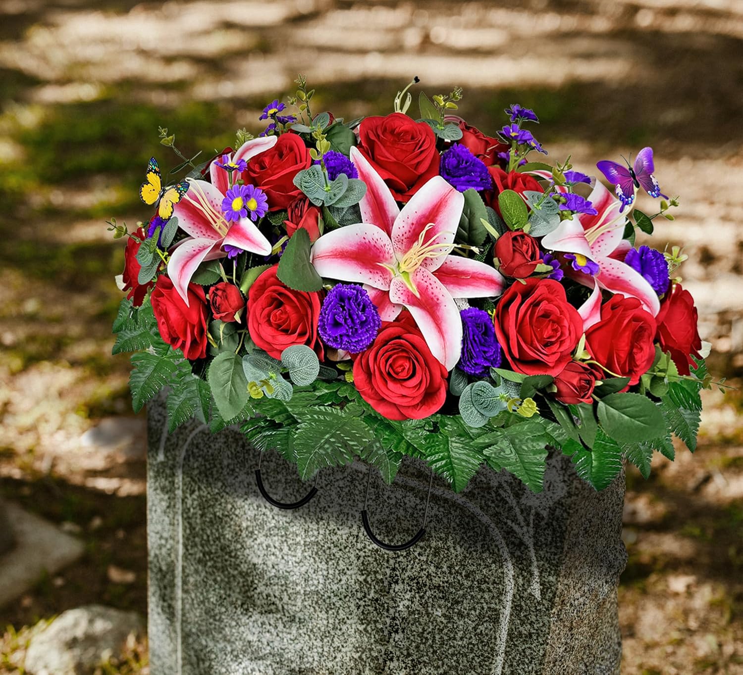 Artificial Grave Flower for Cemetery,Headstone Flower Saddle,Red Rose and Pink Lily for Xmas Decorative,Easy Fit - Image 7