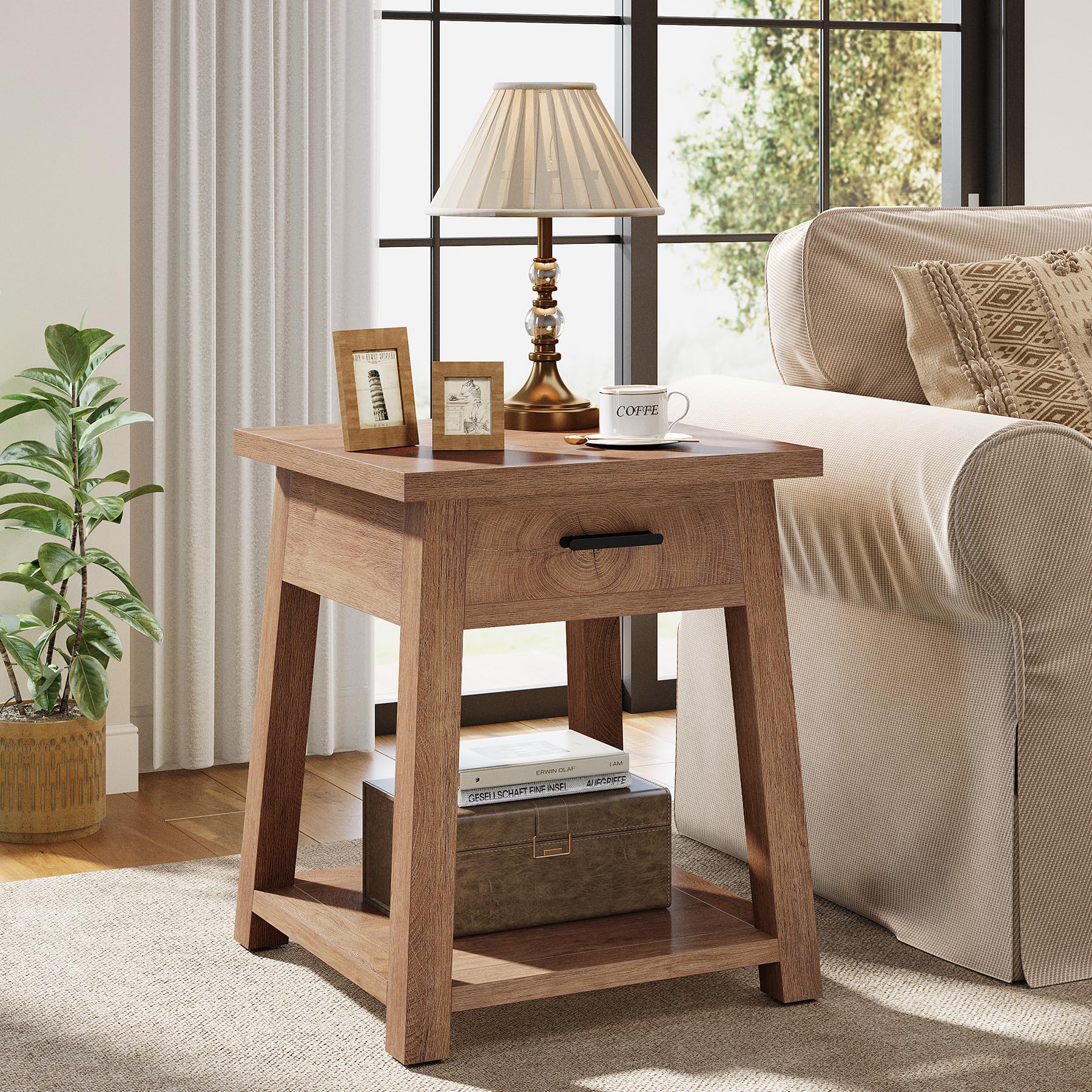 Tribesigns Farmhouse Square Side Table, 2 -Tier Wooden End Table with Drawer, Rustic Nightstands with Shelf Storage for Living Room, Bedroom, Office and Small Spaces