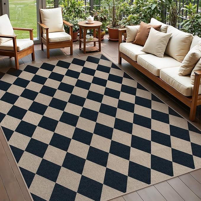 Easy Jute Checkered Entryway Rug, 2x3 Black Modern Indoor Outdoor Doormat, Washable Non-Slip Neutral Small Kitchen Rug Farmhouse Diamond Throw Rugs for Entrance Bedroom Bathroom