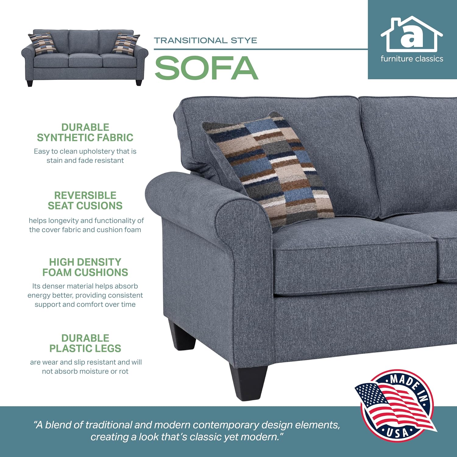 Blue Linen Rolled Arm Sofa with Removable Cushions