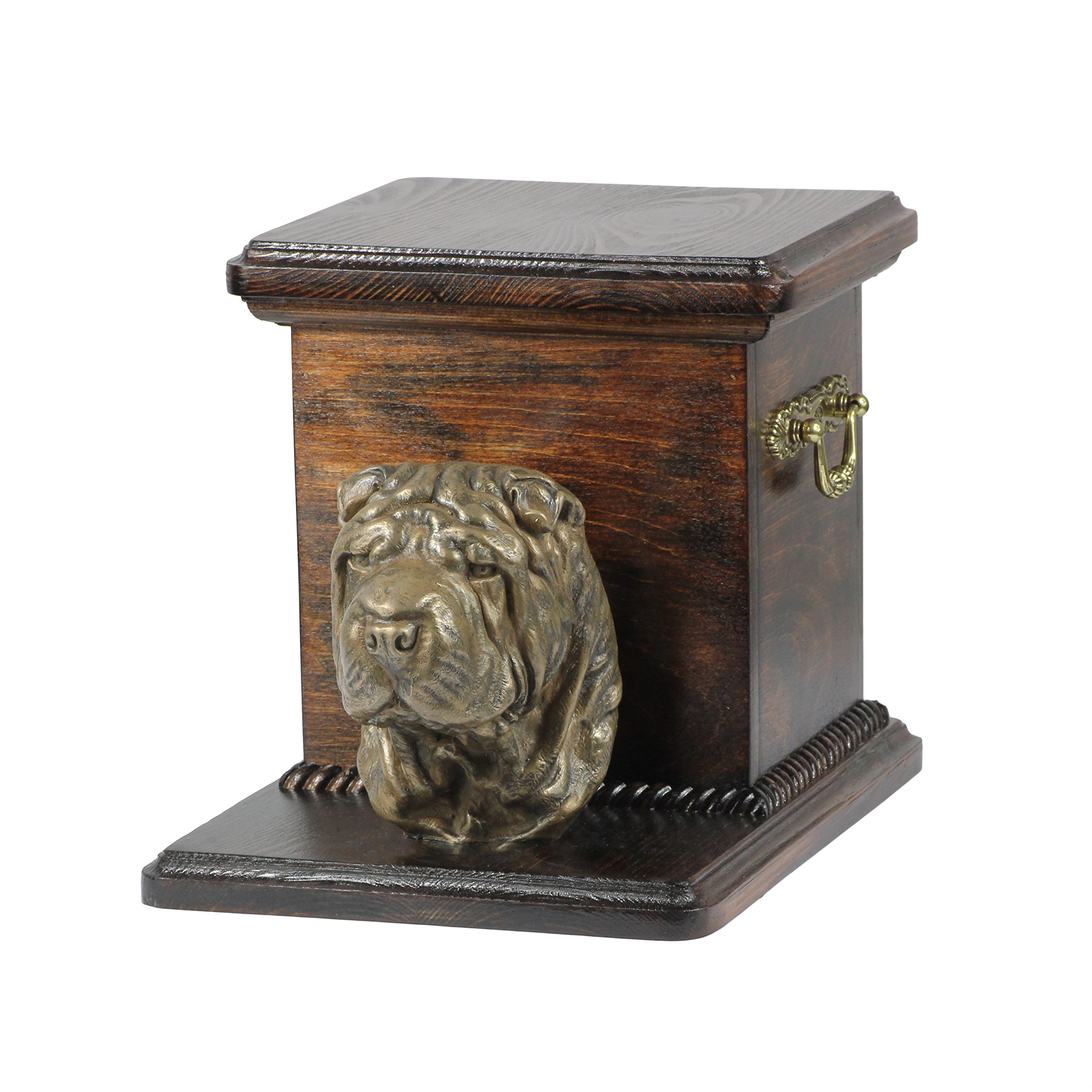 Urne pour cendres de chien Shar Pei en bois de bouleau et bronze fait main