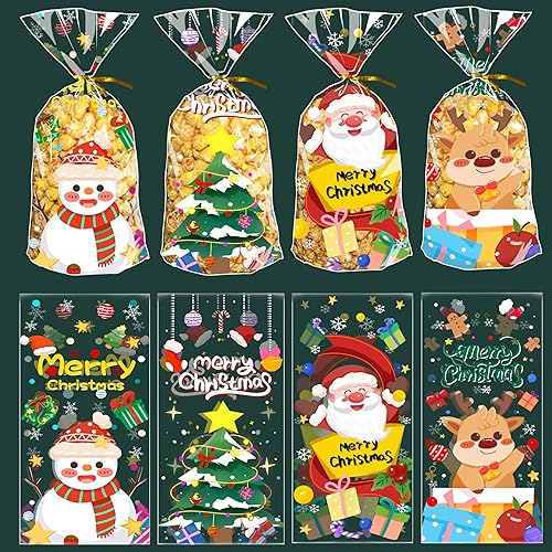 Miniatura 8 de idolpack Paquete de 50 bolsas de dulces de Navidad, bolsas de celofán de 5 x 10 pulgadas con Papá Noel de Navidad, muñeco de nieve, renos, diseños