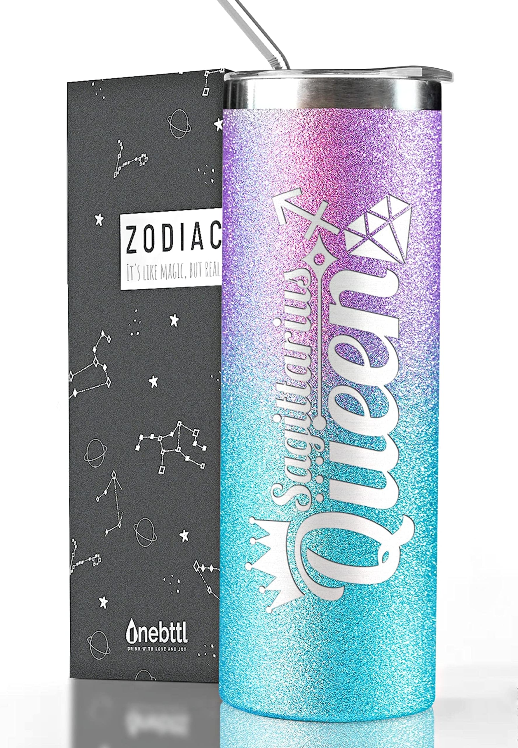 OnebttlZodiac Gifts for Women, Best Friend Birthday Gifts for Her, 20oz Stainless Steel Tumbler, Engraved Logo Blue and Purple, Sagittarius