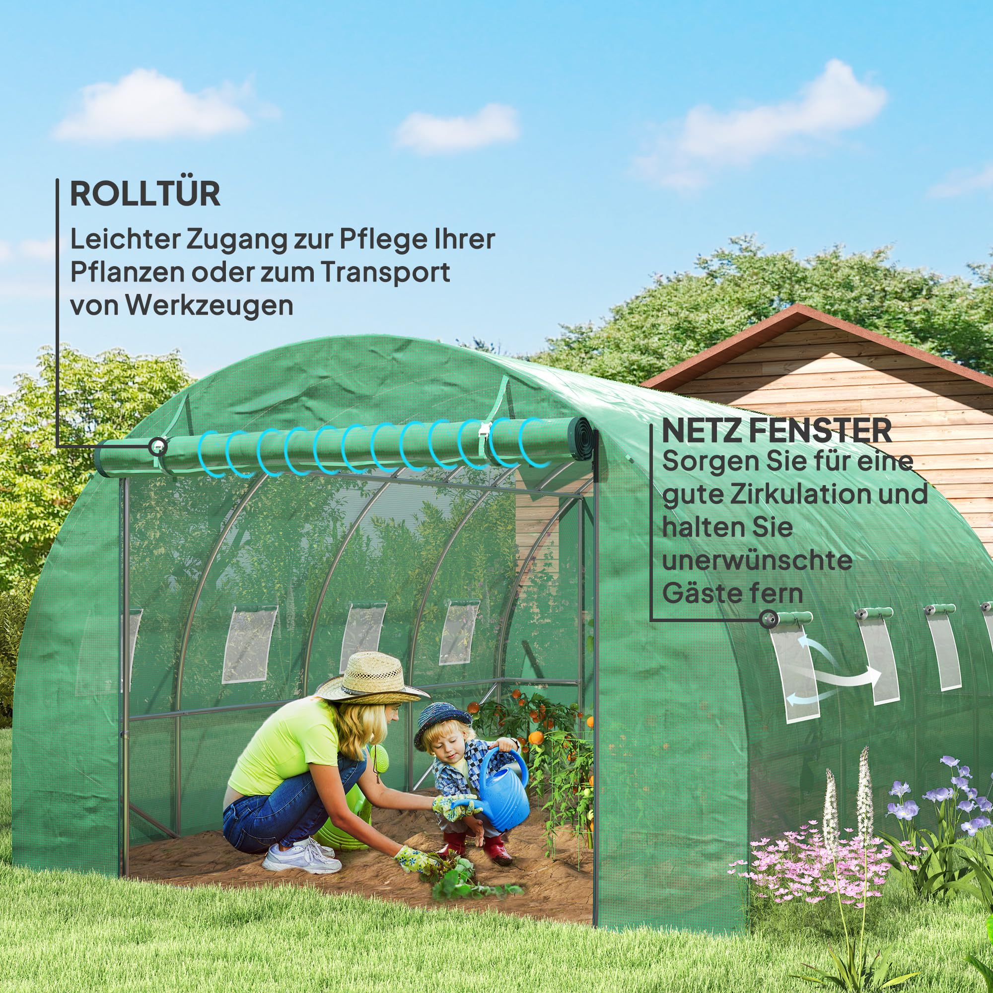 Outsunny Gewächshaus 300x400x200cm Foliengewächshaus Tomatenhaus mit Tür, 8 Fenster, Folientunnel aus verzinktem Stahl, 170g/m² PE, stabiles pflanztunnel, Treibhaus inkl. Erdanker & Seilen, Grün