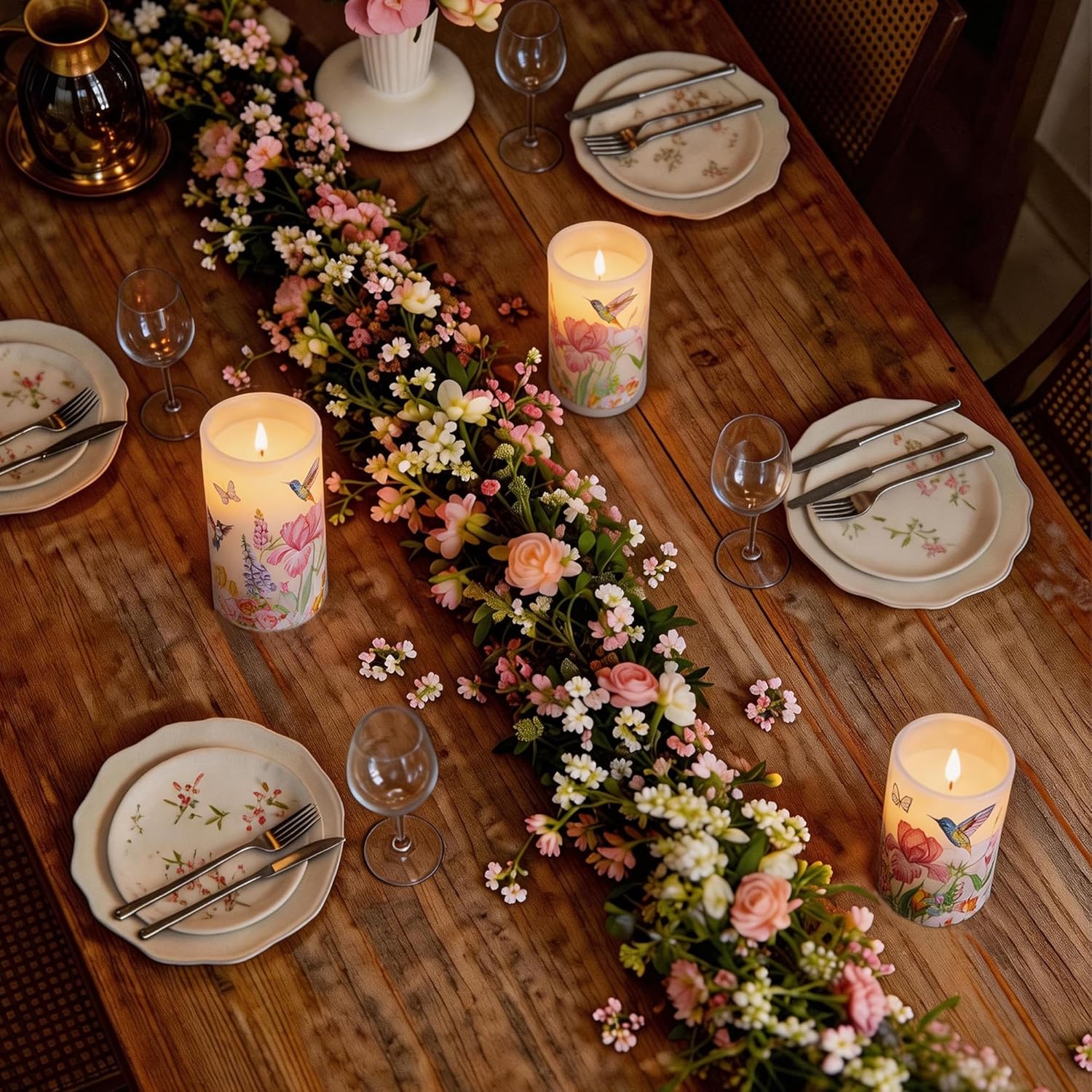 flameless candles with remote, battery operated candles real wax hummingbird flickering led candles floral christmas decor electric pillar candles set of 3 hummingbird-b