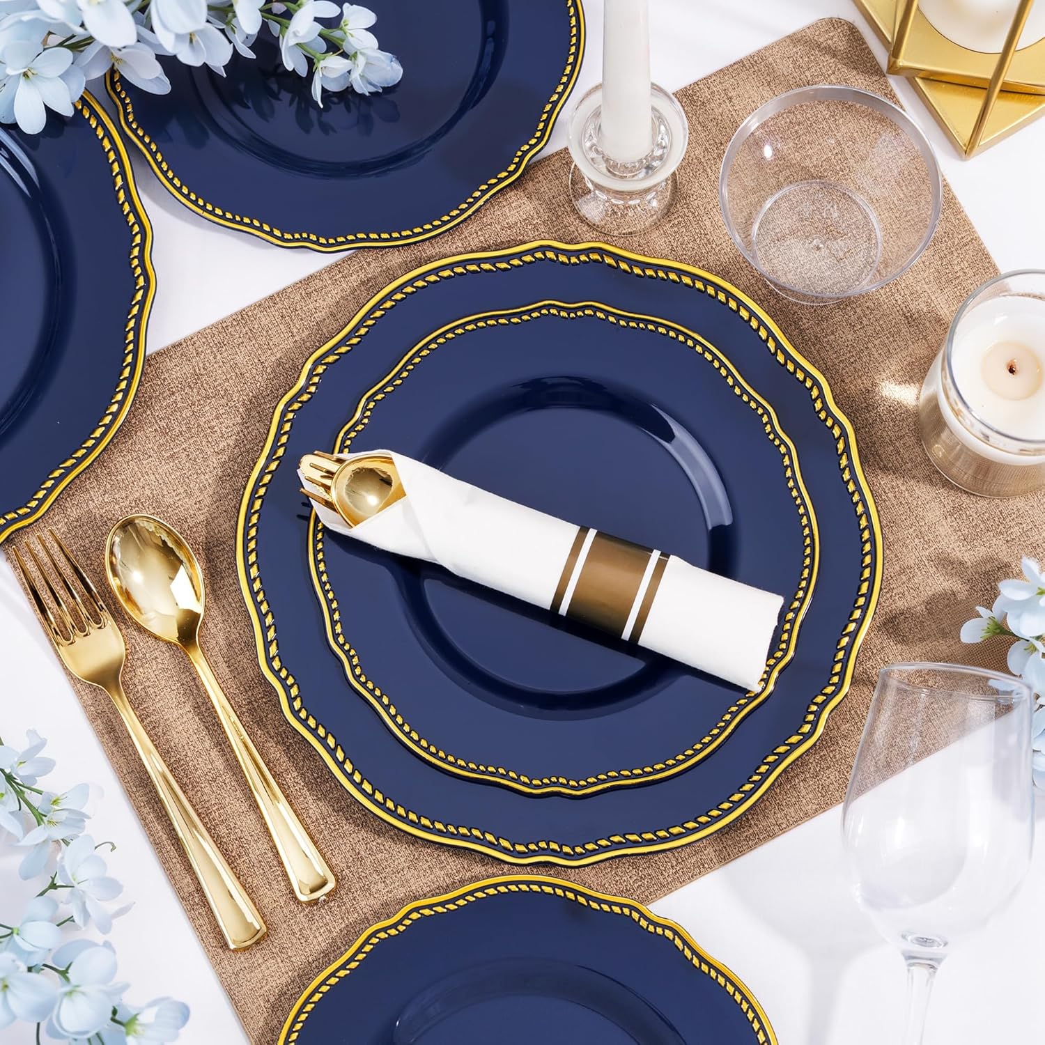 Hioasis 350pcs Blue and gold Plastic Plates - Blue Plastic Dinnerware Set Includes 50 Dinner Plates, 50 Dessert Dinnerware, 50 Cups, 50 Rolled Napkin Cutlery Perfect for Wedding