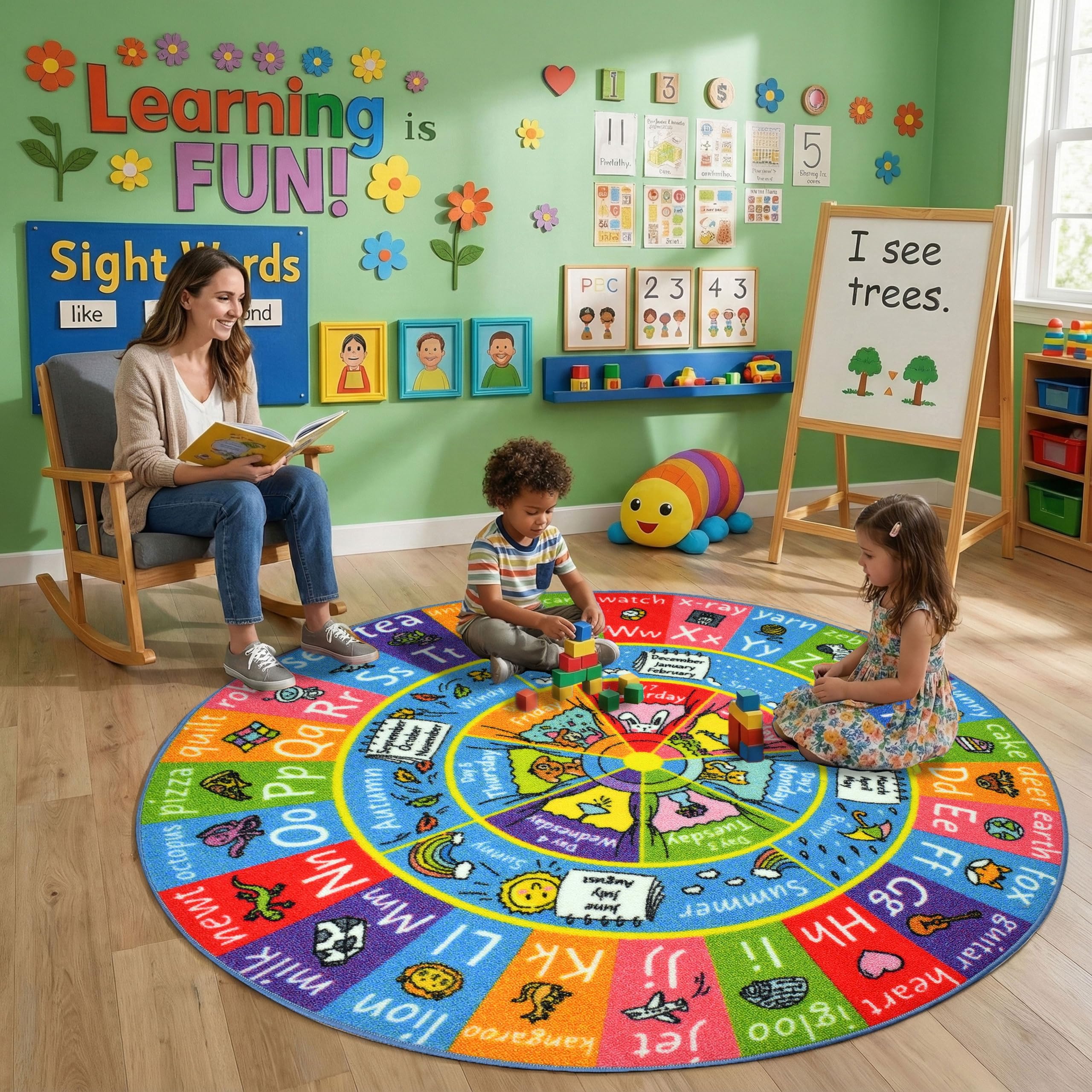 Educational Kids Rug – ABC Alphabet, Seasons, Months & Days Learning Mat – Soft Interactive Carpet for Classroom, Playroom & Bedroom 3x3 Round