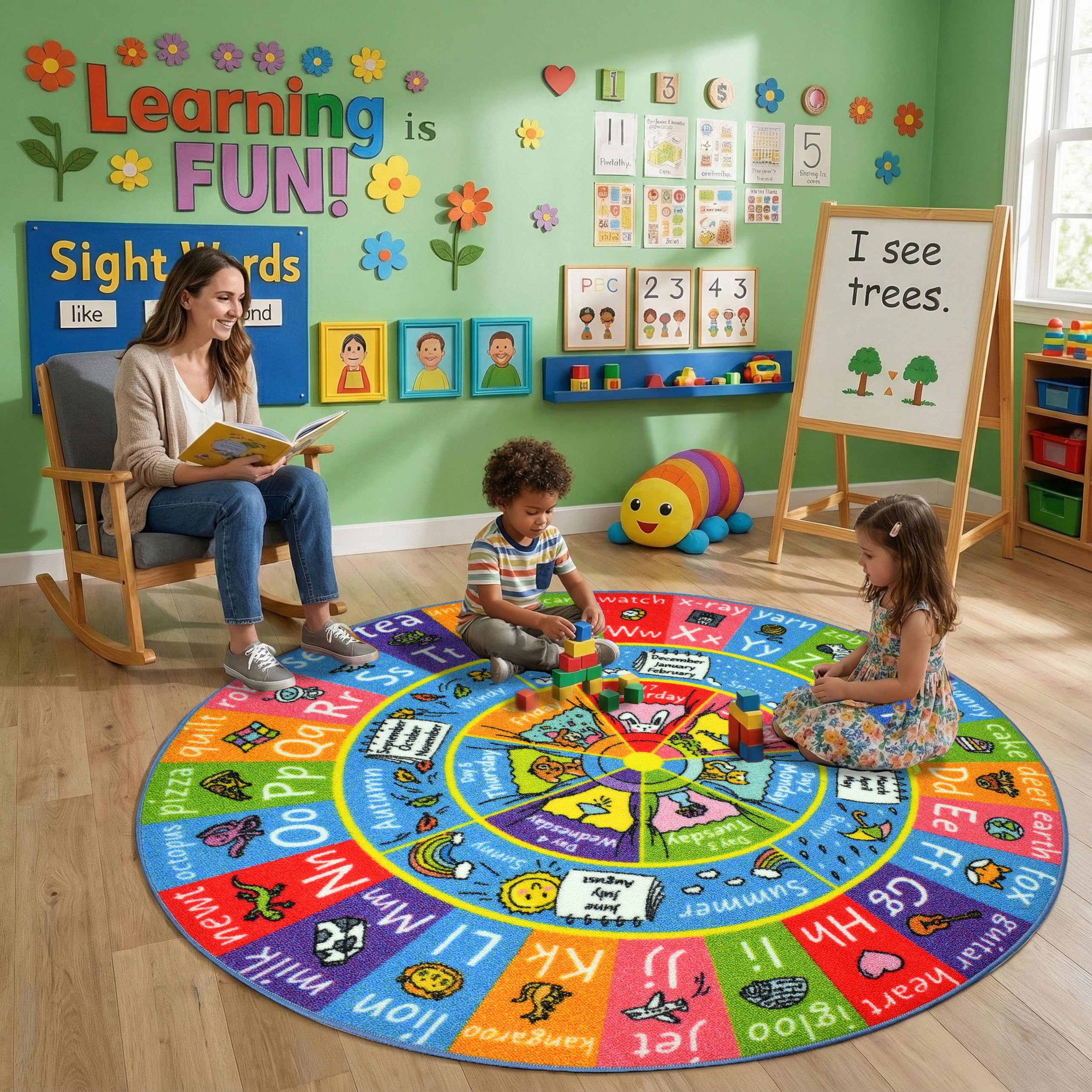 KC Cubs Educational Kids Rug – ABC Alphabet, Seasons, Months & Days Learning Mat – Soft Interactive Carpet for Classroom, Playroom & Bedroom 3x3 Round