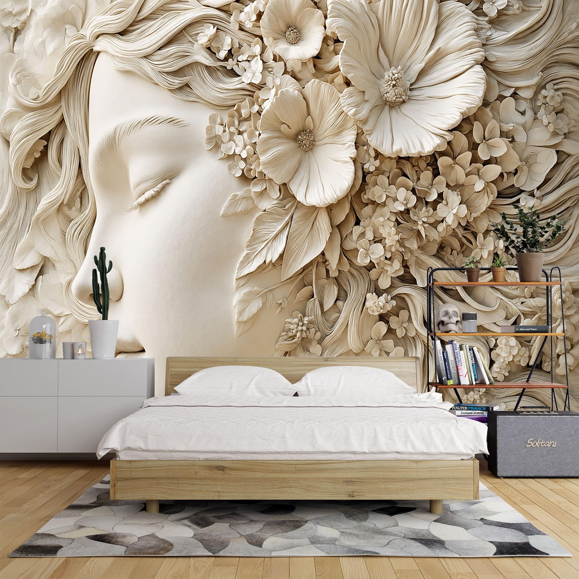 Grande Murale 3D Con Volto Femminile In Rilievo E Fiori 265X280 Cm (Lxa) Carta Da Parati Di Lusso Con Volto Femminile In Rilievo E Motivo Floreale In Tessuto Non Tessuto Ideale Per Camera Da Letto S