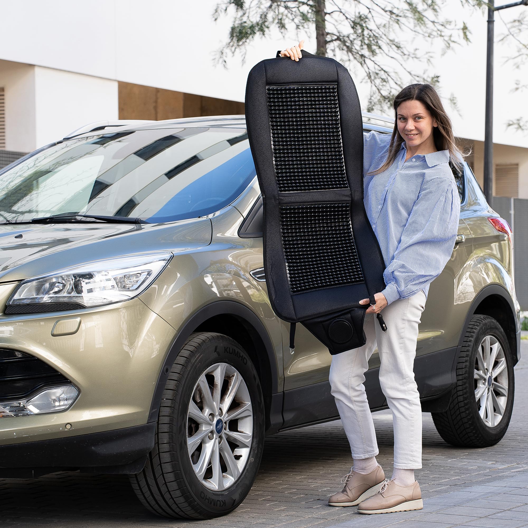 Funda de asiento de coche con cuentas de refrigeración y masaje, funda de asiento con cuentas de madera negra con almohadilla de refrigeración de asiento de coche de 12 V, temperatura ajustable