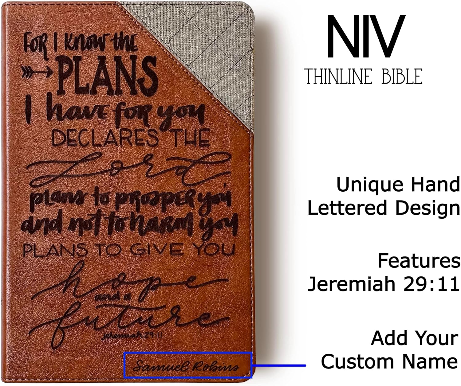 JOY CREATIVE Hand Lettered and Laser Engraved Two-Tone NIV Bible, Personalized Gift, Custom Name Engraving Available